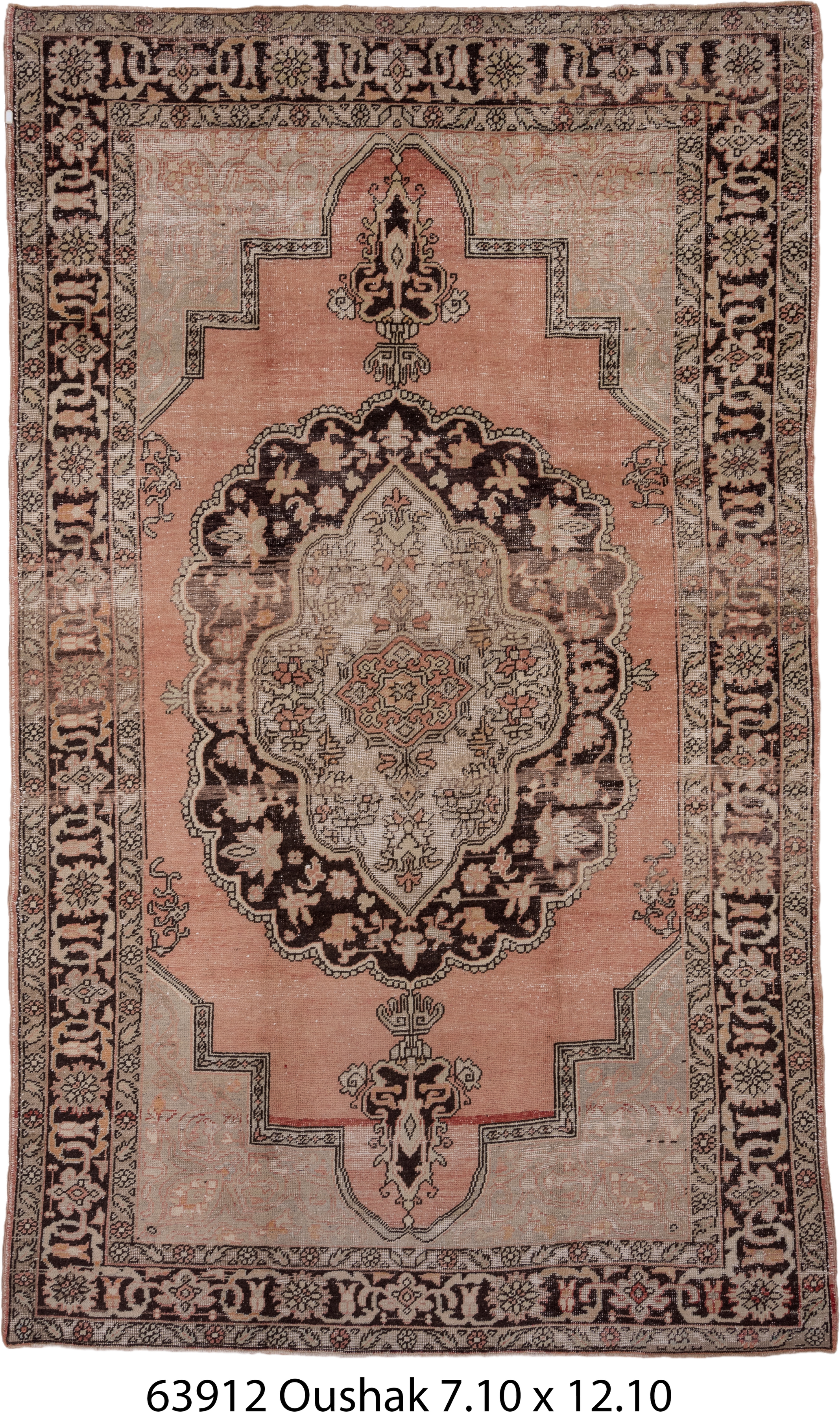 7' x 12' one-of-a-kind handmade vintage Oushak large size rug. Color palette: blush, ivory, charcoal, taupe, rose, beige