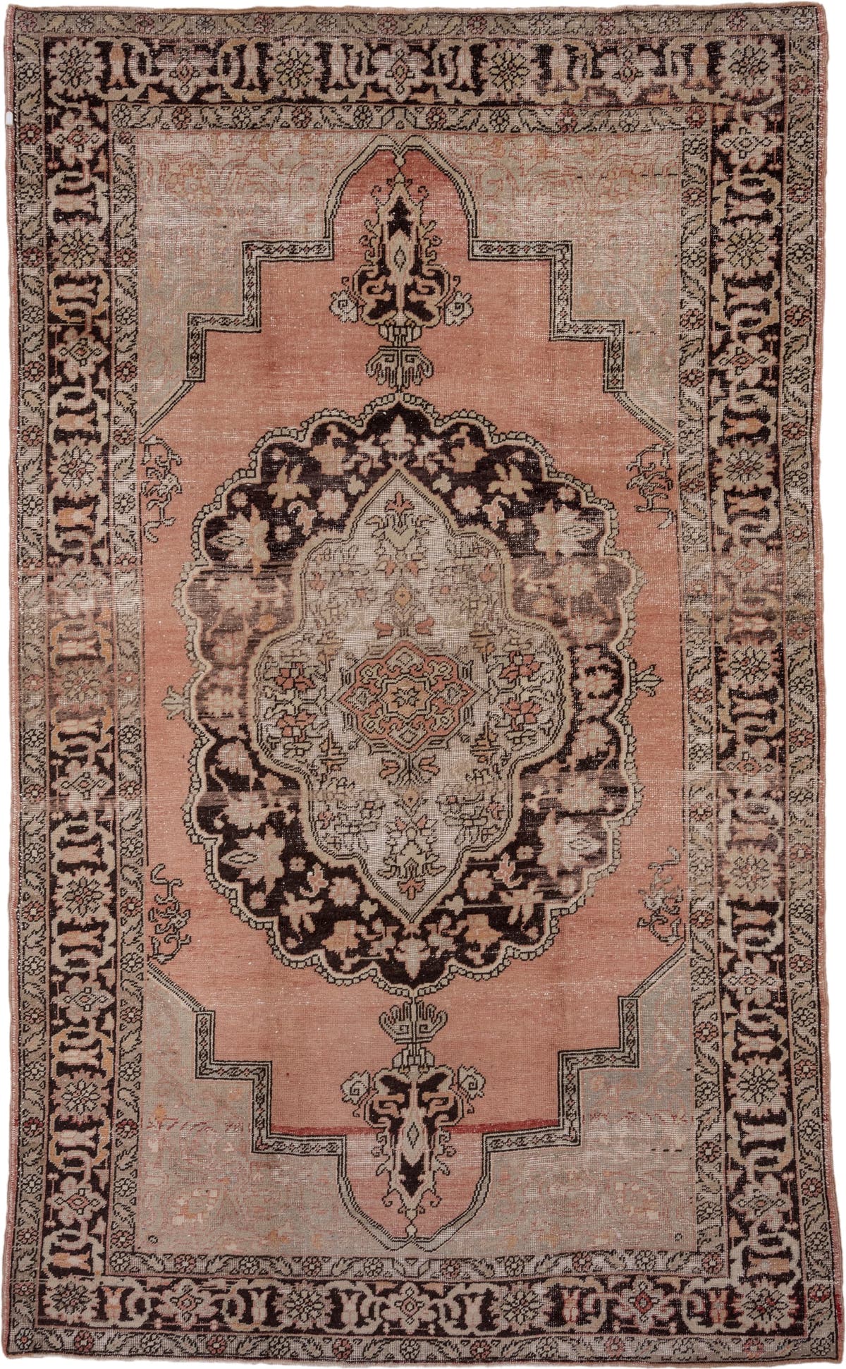 7' x 12' one-of-a-kind handmade vintage Oushak large size rug. Color palette: blush, ivory, charcoal, taupe, rose, beige