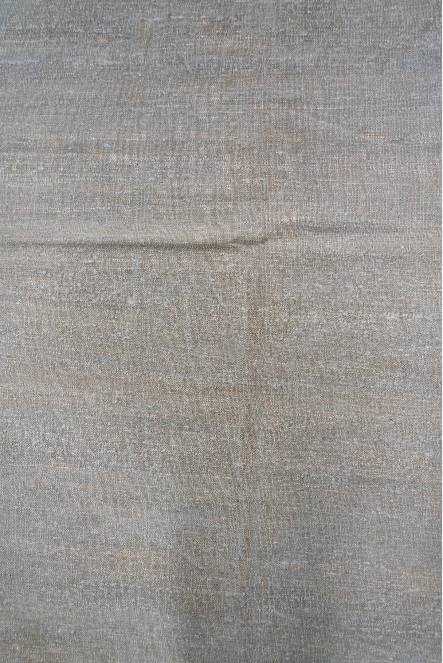 11' x 14' one-of-a-kind handmade vintage Dhurrie oversize rug. Color palette: pale blue, silver, ivory, light blue, gray