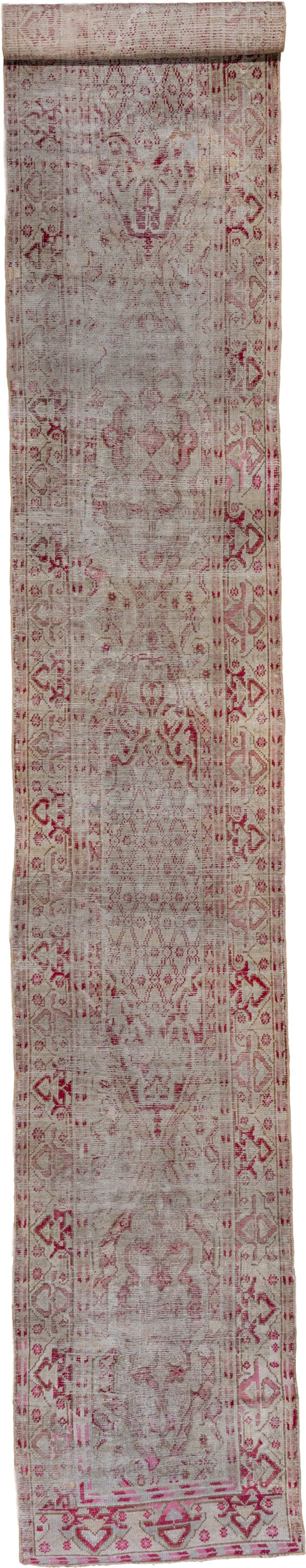 3' x 22' one-of-a-kind handmade vintage Oushak runner rug. Color palette: ivory, rose, blush, taupe, crimson, pink, red