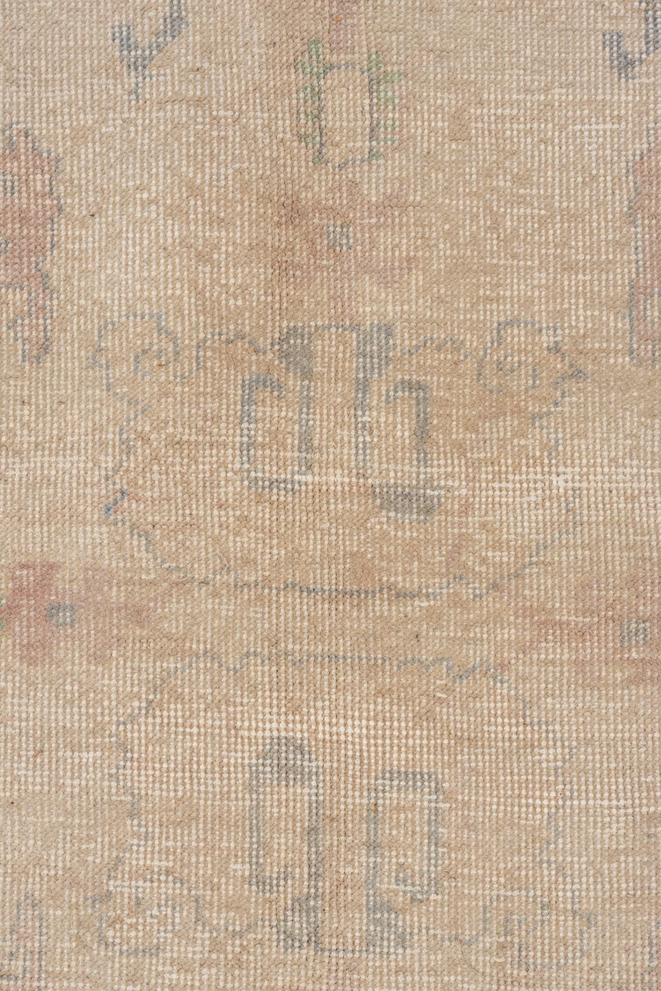 5' x 8' one-of-a-kind handmade vintage Oushak medium size rug. Color palette: ivory, taupe, gray, sage, blush, slate, beige