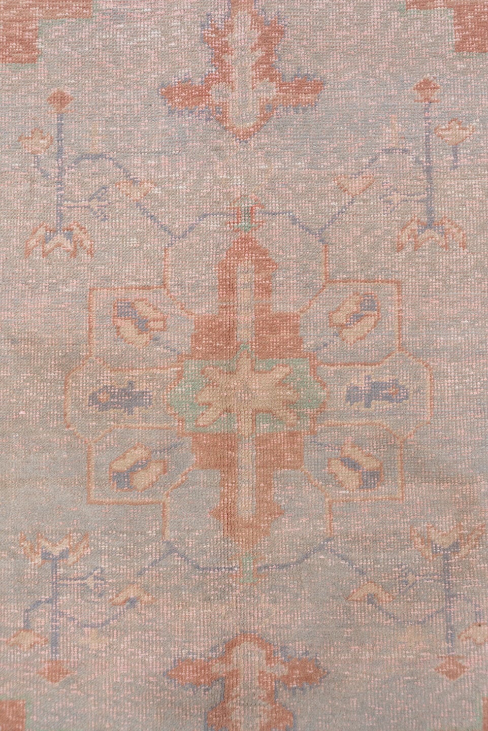 5' x 7' one-of-a-kind handmade vintage Oushak medium size rug. Color palette: blush, dusty rose, pale blue, ivory, taupe