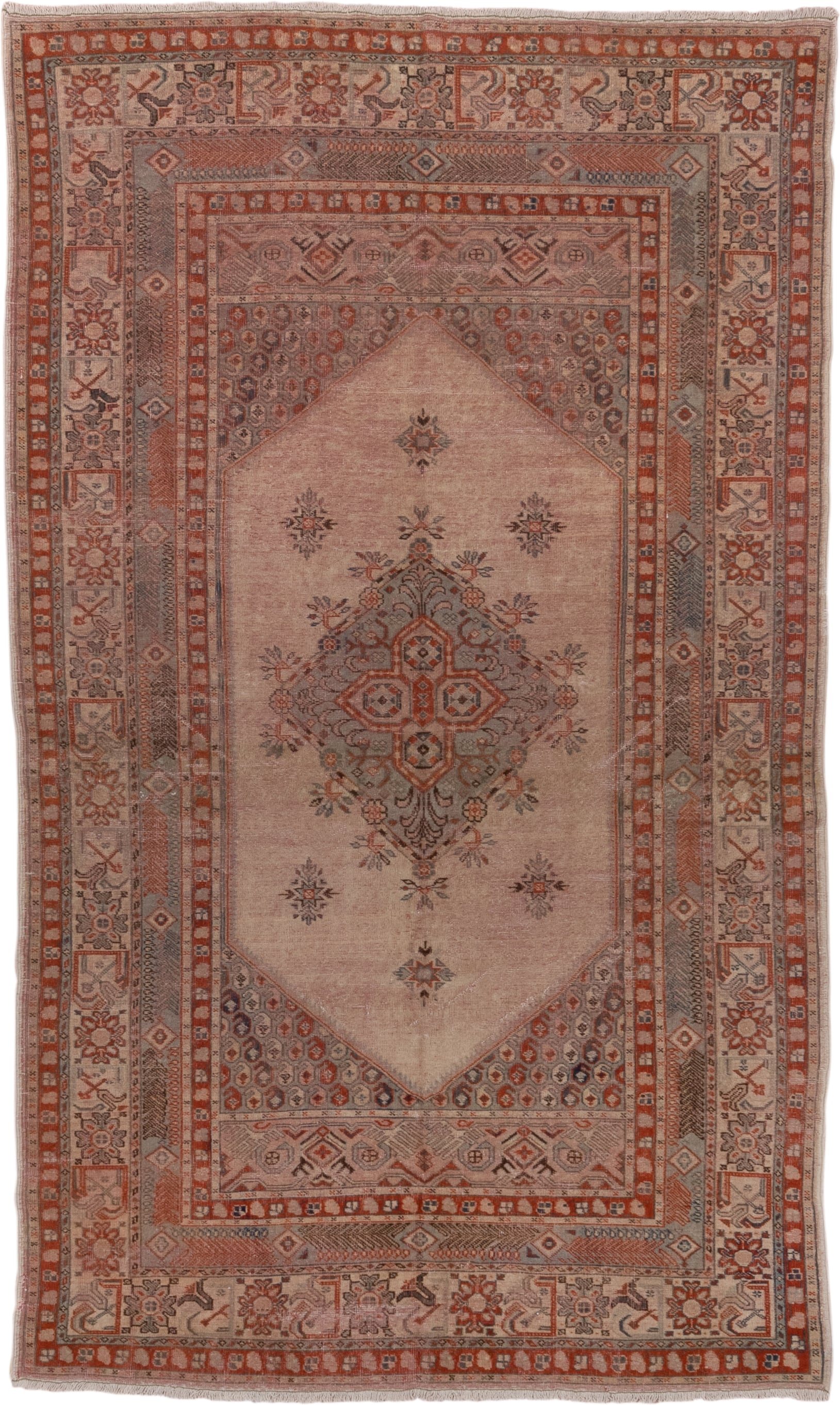 5' x 8' one-of-a-kind handmade antique Oushak medium size rug. Color palette: blush, rust, ivory, slate, taupe, terracotta