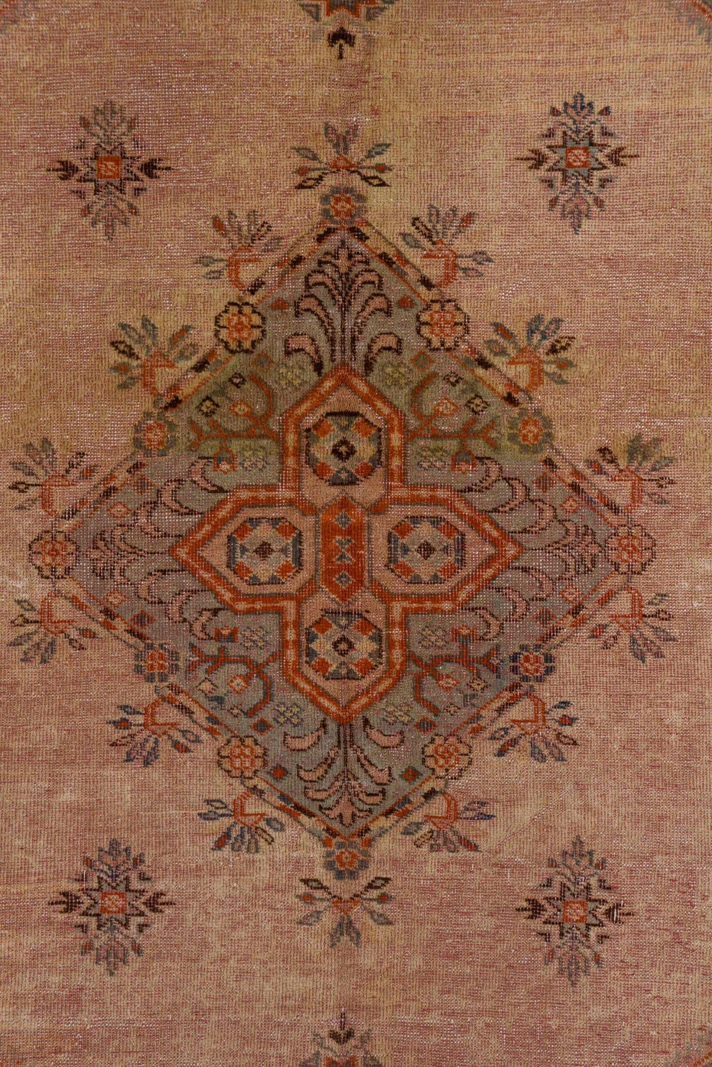 5' x 8' one-of-a-kind handmade antique Oushak medium size rug. Color palette: blush, rust, ivory, slate, taupe, terracotta