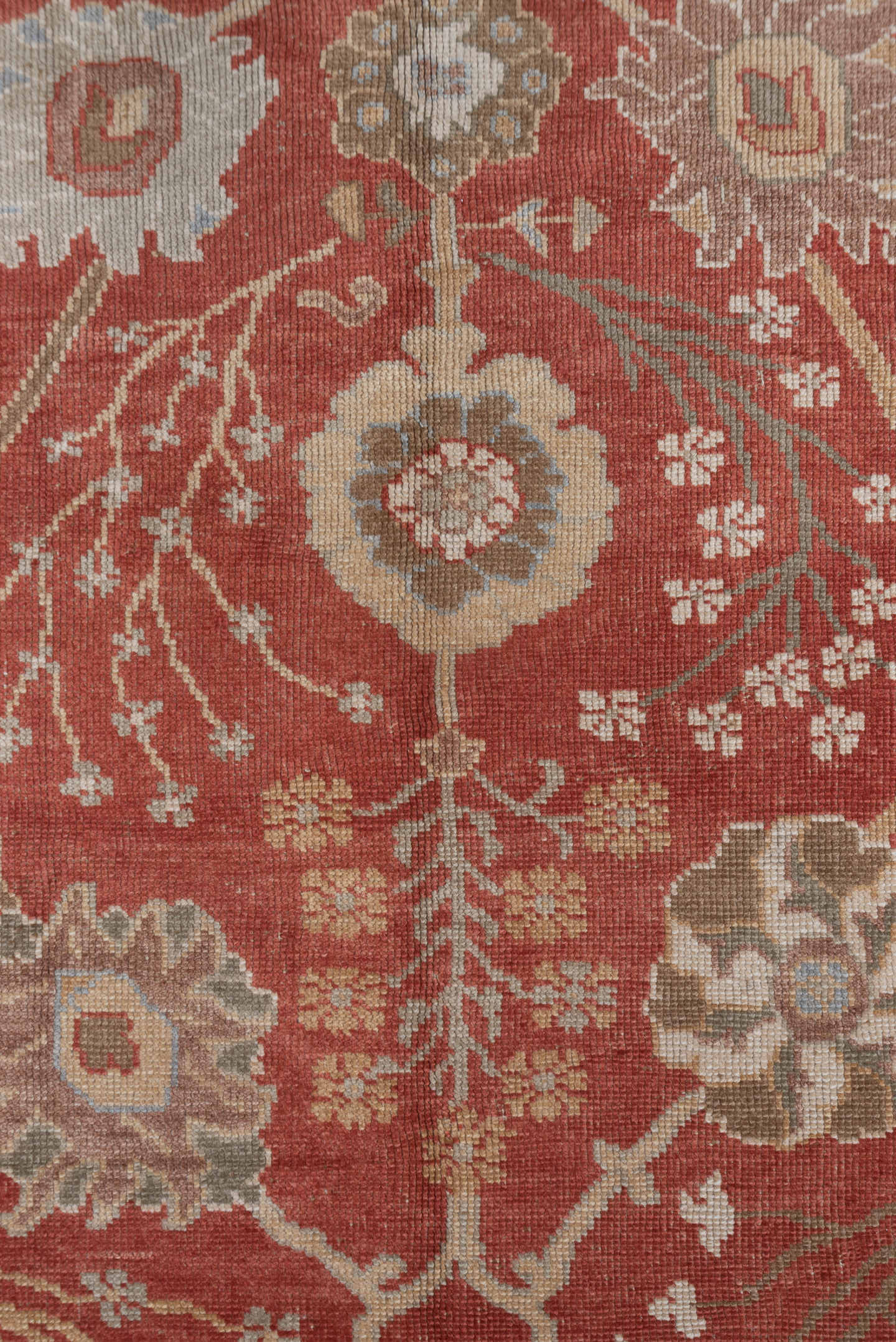 6' x 9' one-of-a-kind handmade vintage Oushak medium size rug. Color palette: terra cotta, ivory, taupe, sage, gold, rust