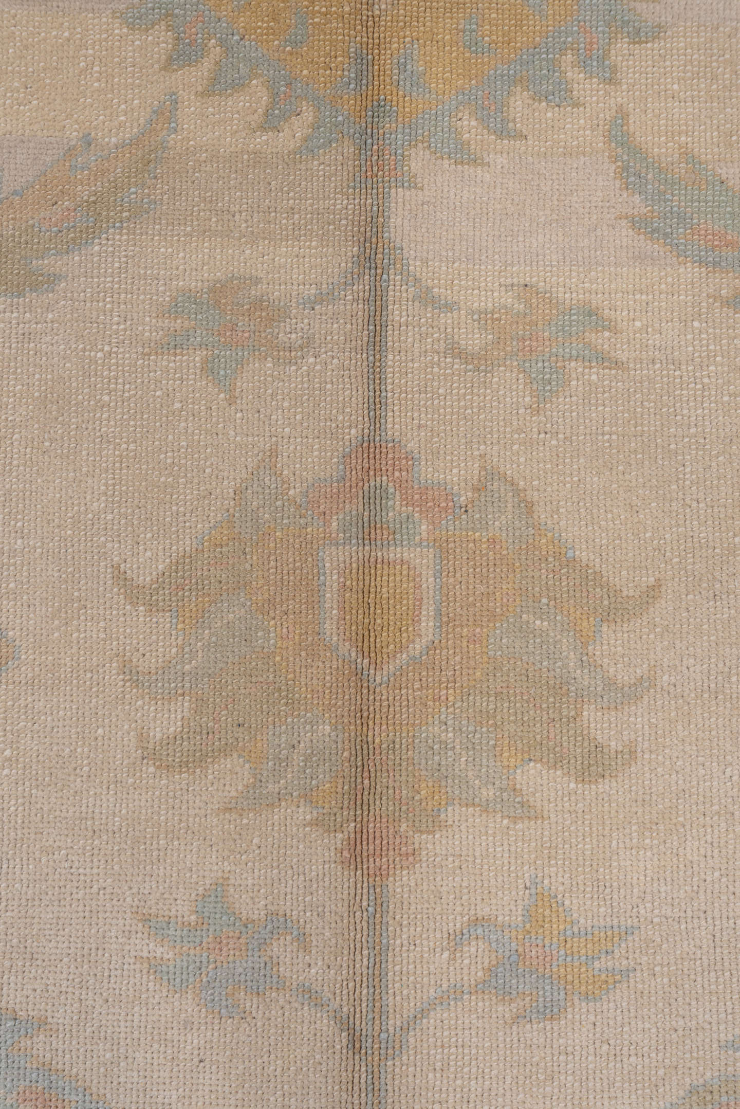 9' x 12' one-of-a-kind handmade vintage Oushak large size rug. Color palette: ivory, pale blue, taupe, gold, beige, sage