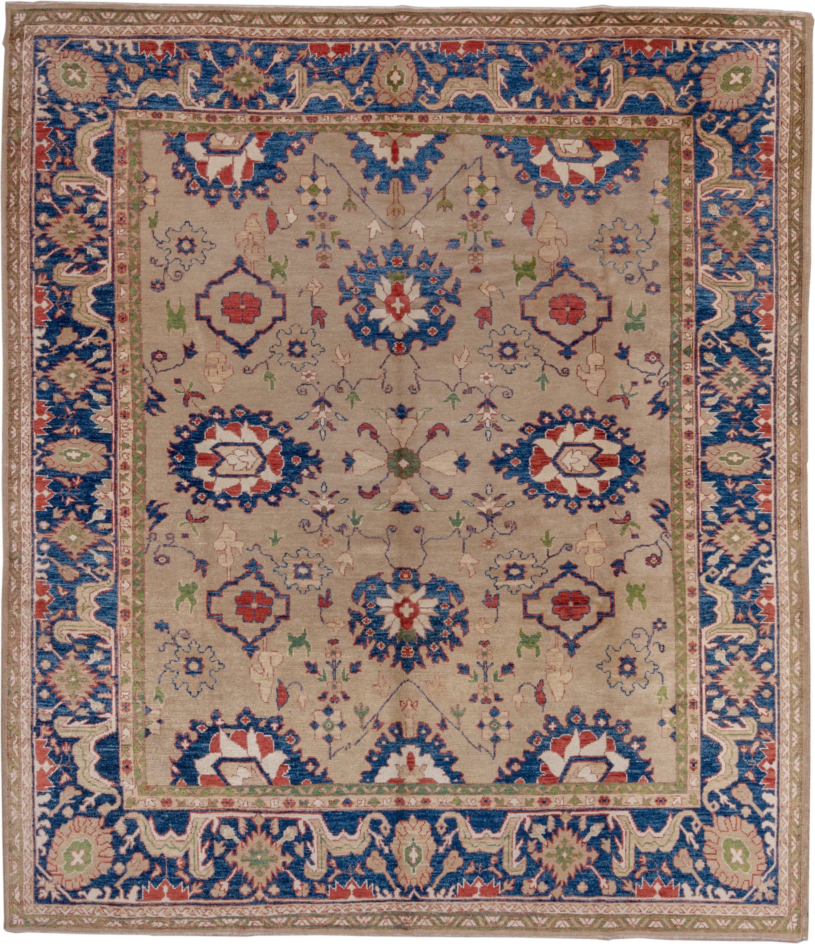 9' x 10' one-of-a-kind handmade vintage Oushak large size rug. Color palette: beige, cobalt, ivory, rust, sage, taupe, blue