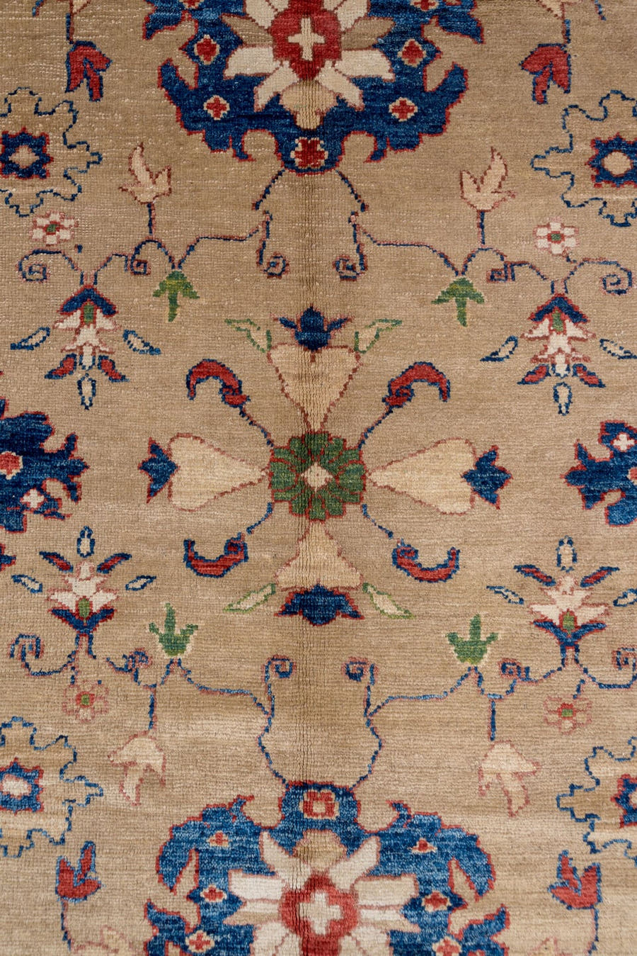 9' x 10' one-of-a-kind handmade vintage Oushak large size rug. Color palette: beige, cobalt, ivory, rust, sage, taupe, blue