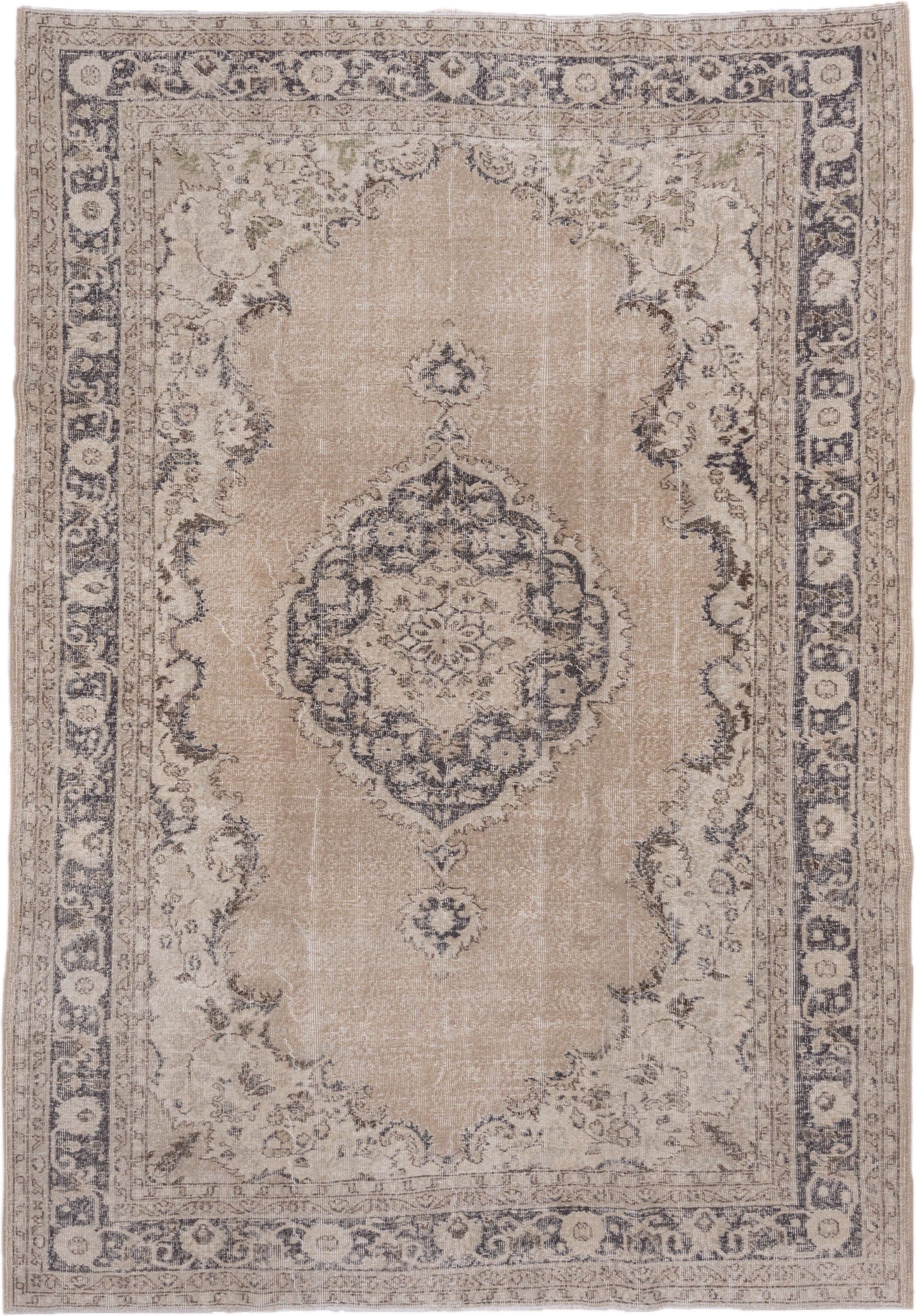 7' x 10' one-of-a-kind handmade vintage Oushak large size rug. Color palette: beige, ivory, charcoal, taupe, sage, gray