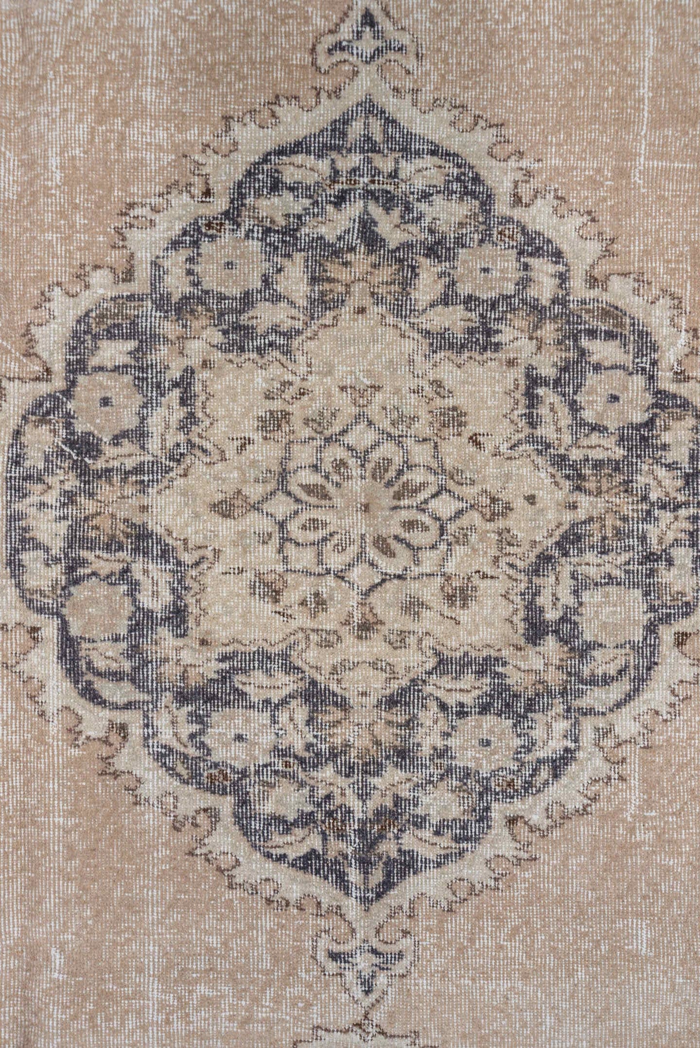 7' x 10' one-of-a-kind handmade vintage Oushak large size rug. Color palette: beige, ivory, charcoal, taupe, sage, gray