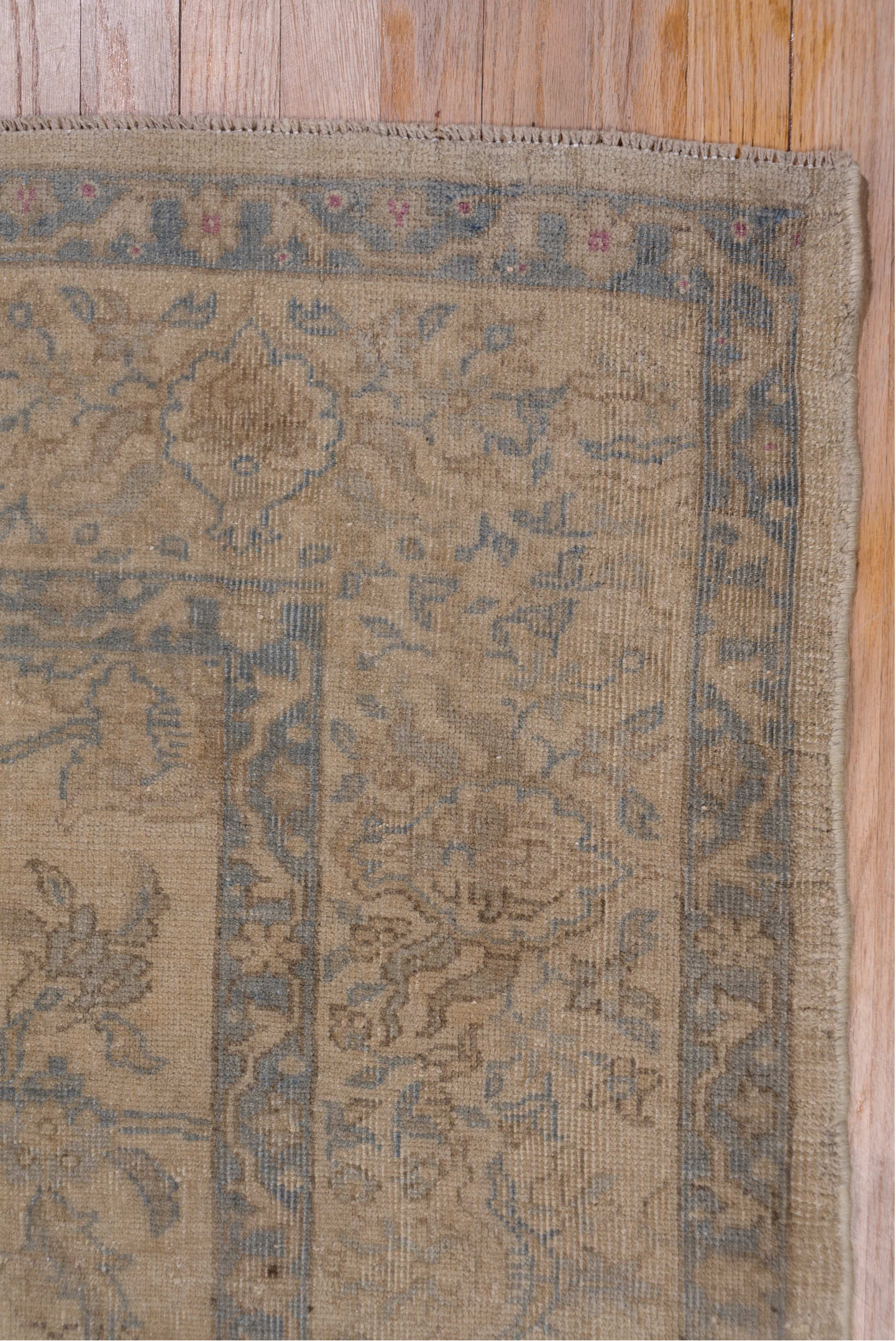 9' x 11' one-of-a-kind handmade vintage Oushak large size rug. Color palette: beige, taupe, slate, ivory, camel, blue, gray