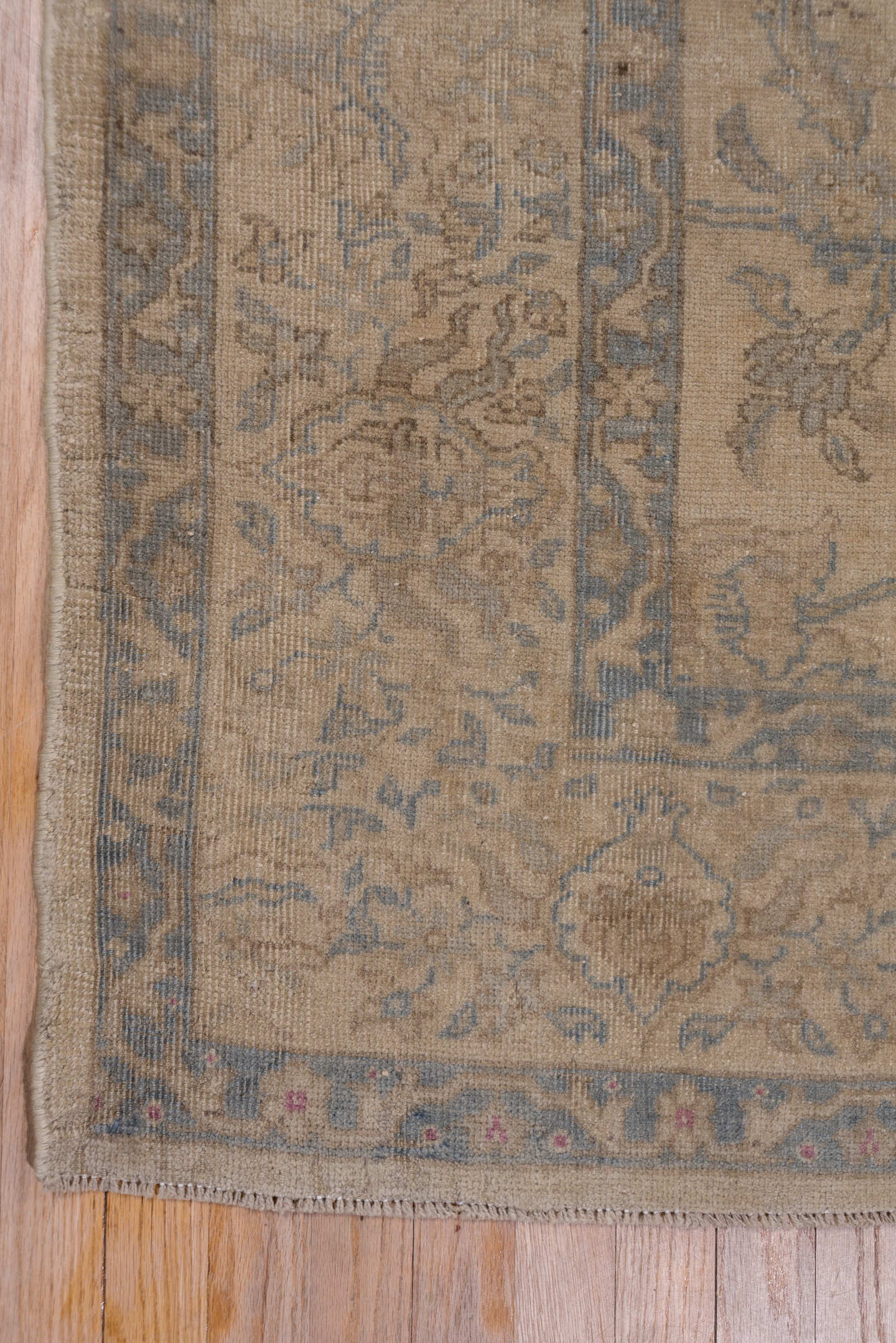 9' x 11' one-of-a-kind handmade vintage Oushak large size rug. Color palette: beige, taupe, slate, ivory, camel, blue, gray