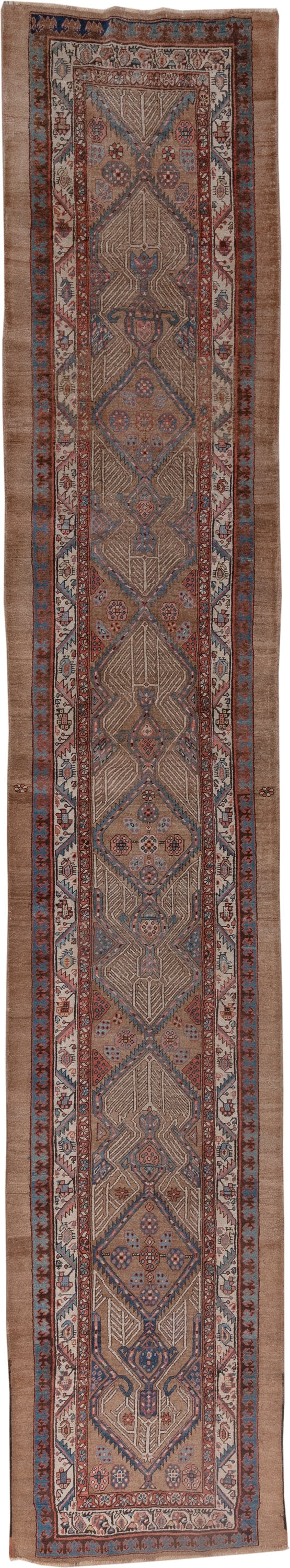 3' x 18' one-of-a-kind handmade vintage Serapi runner rug. Color palette: taupe, rust, ivory, blue, brown, slate, beige