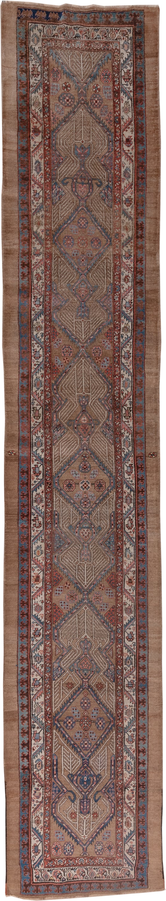 3' x 18' one-of-a-kind handmade vintage Serapi runner rug. Color palette: taupe, rust, ivory, blue, brown, slate, beige