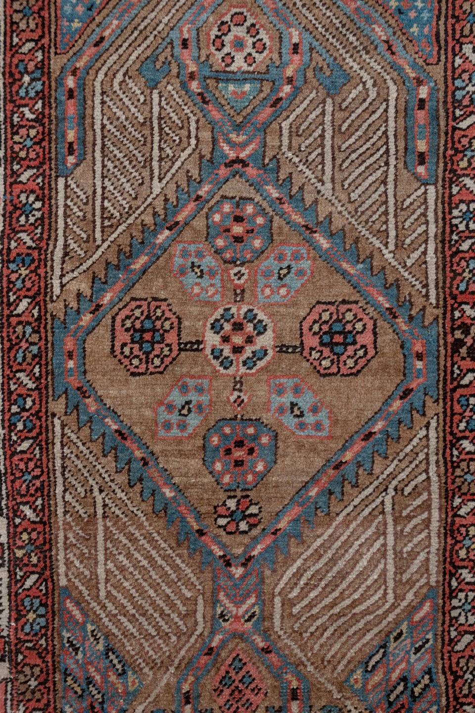 3' x 18' one-of-a-kind handmade vintage Serapi runner rug. Color palette: taupe, rust, ivory, blue, brown, slate, beige