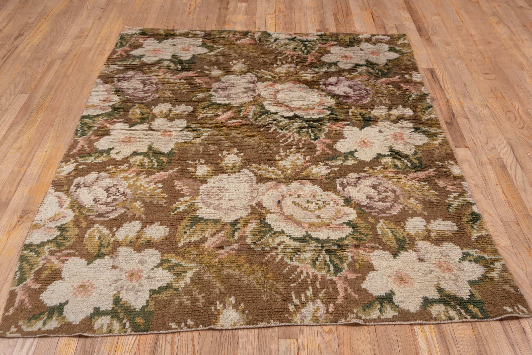 5' x 6' one-of-a-kind handmade vintage Rya-Swedish rug. Color palette: brown, ivory, blush, sage, taupe, rose, olive