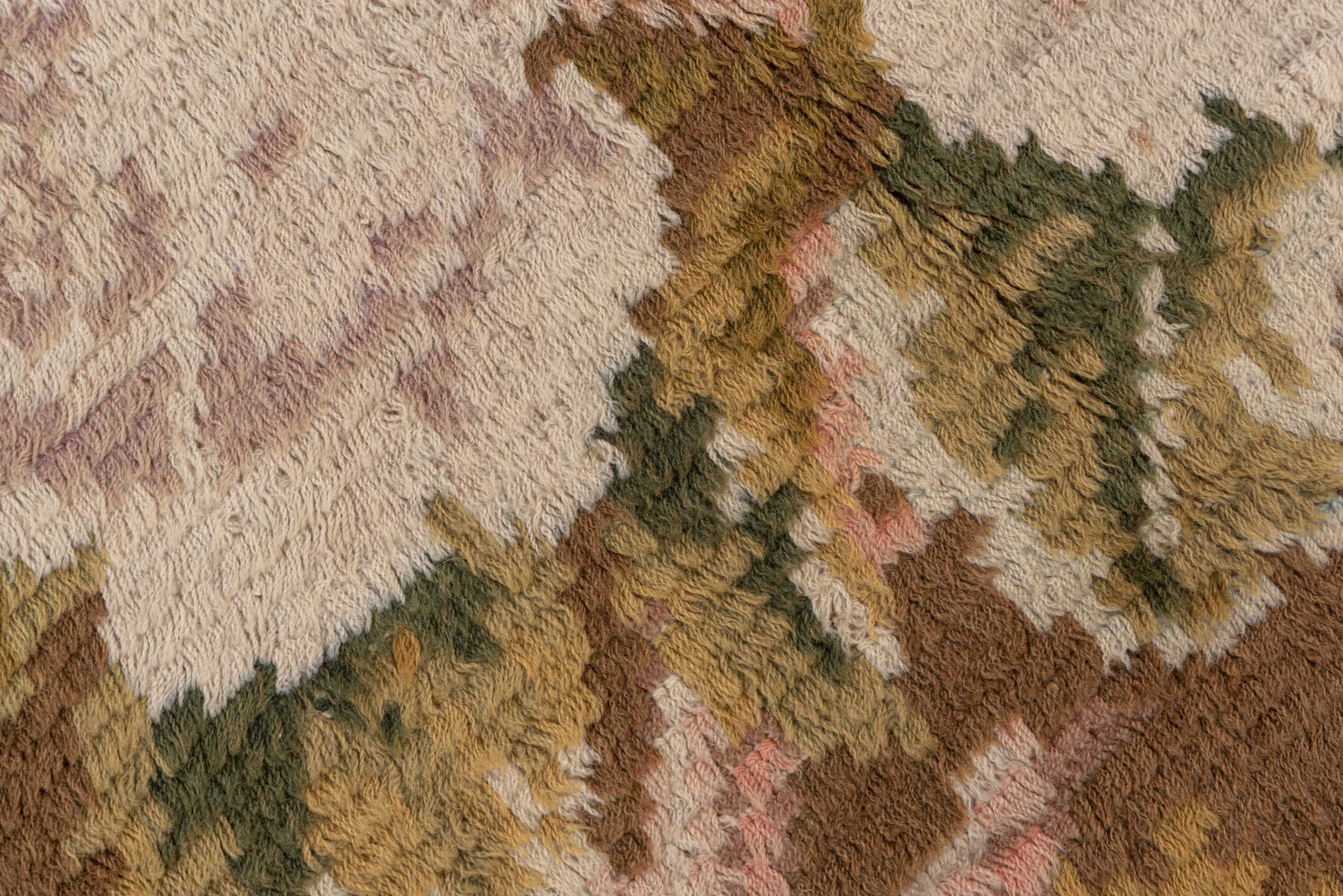 5' x 6' one-of-a-kind handmade vintage Rya-Swedish rug. Color palette: brown, ivory, blush, sage, taupe, rose, olive