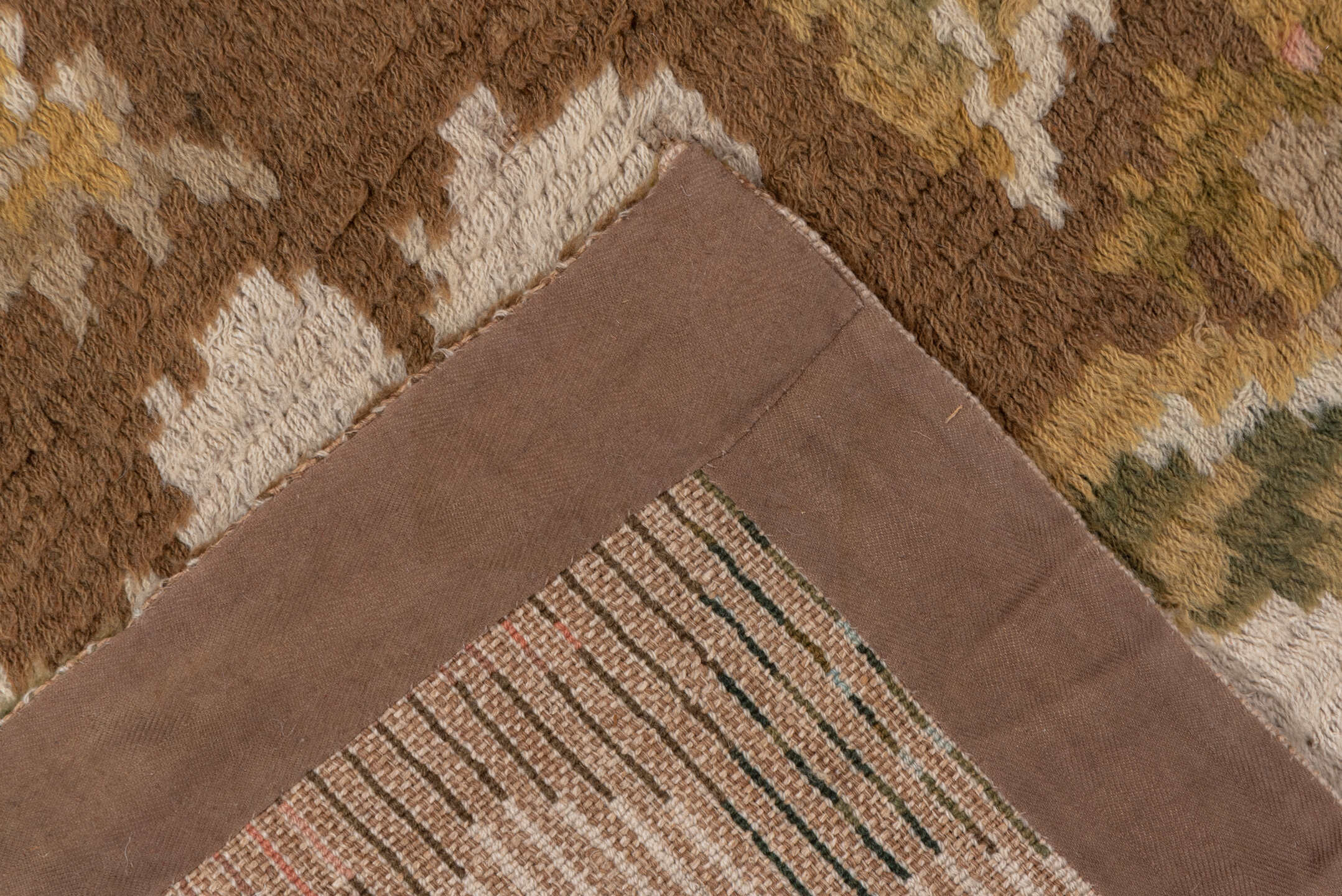 5' x 6' one-of-a-kind handmade vintage Rya-Swedish rug. Color palette: brown, ivory, blush, sage, taupe, rose, olive