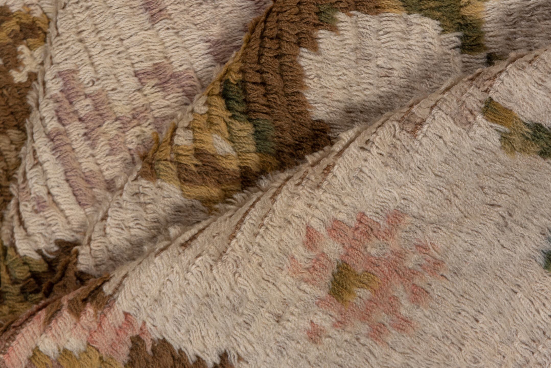 5' x 6' one-of-a-kind handmade vintage Rya-Swedish rug. Color palette: brown, ivory, blush, sage, taupe, rose, olive