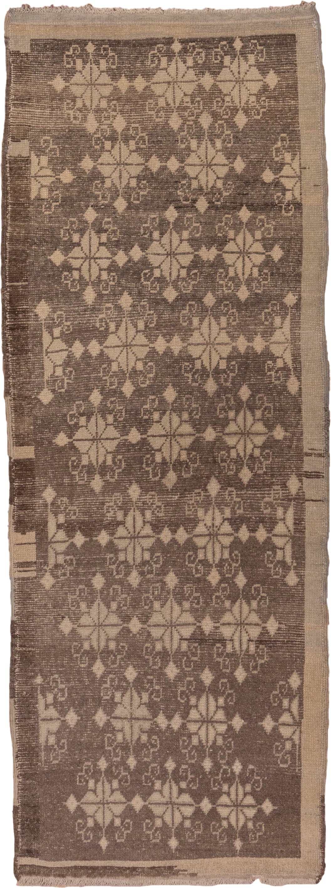 2' x 7' one-of-a-kind handmade vintage Oushak runner rug. Color palette: taupe, beige, brown, camel, gray