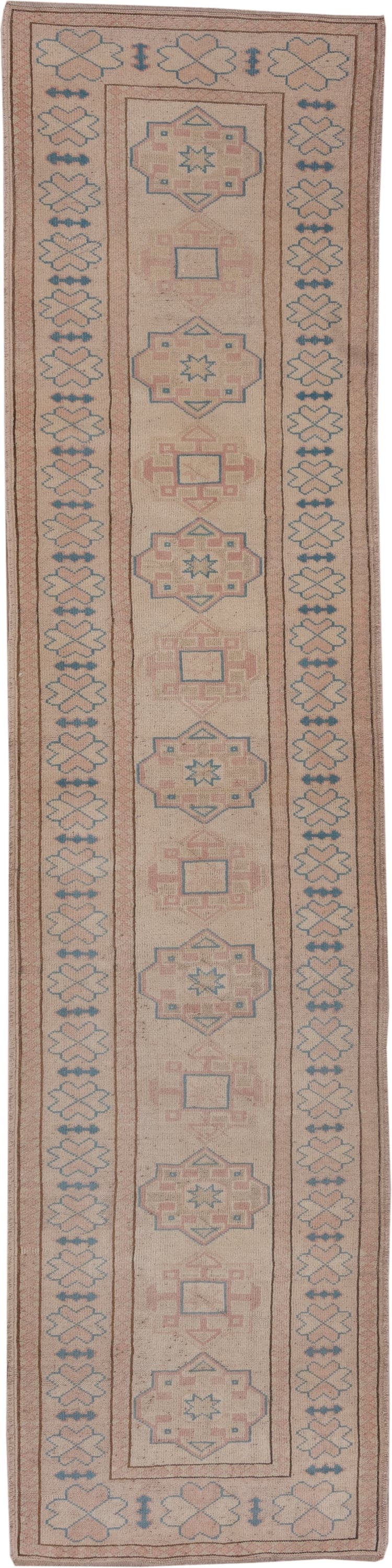 2' x 11' one-of-a-kind handmade vintage Oushak runner rug. Color palette: blush, ivory, pale blue, taupe, dusty rose, pink