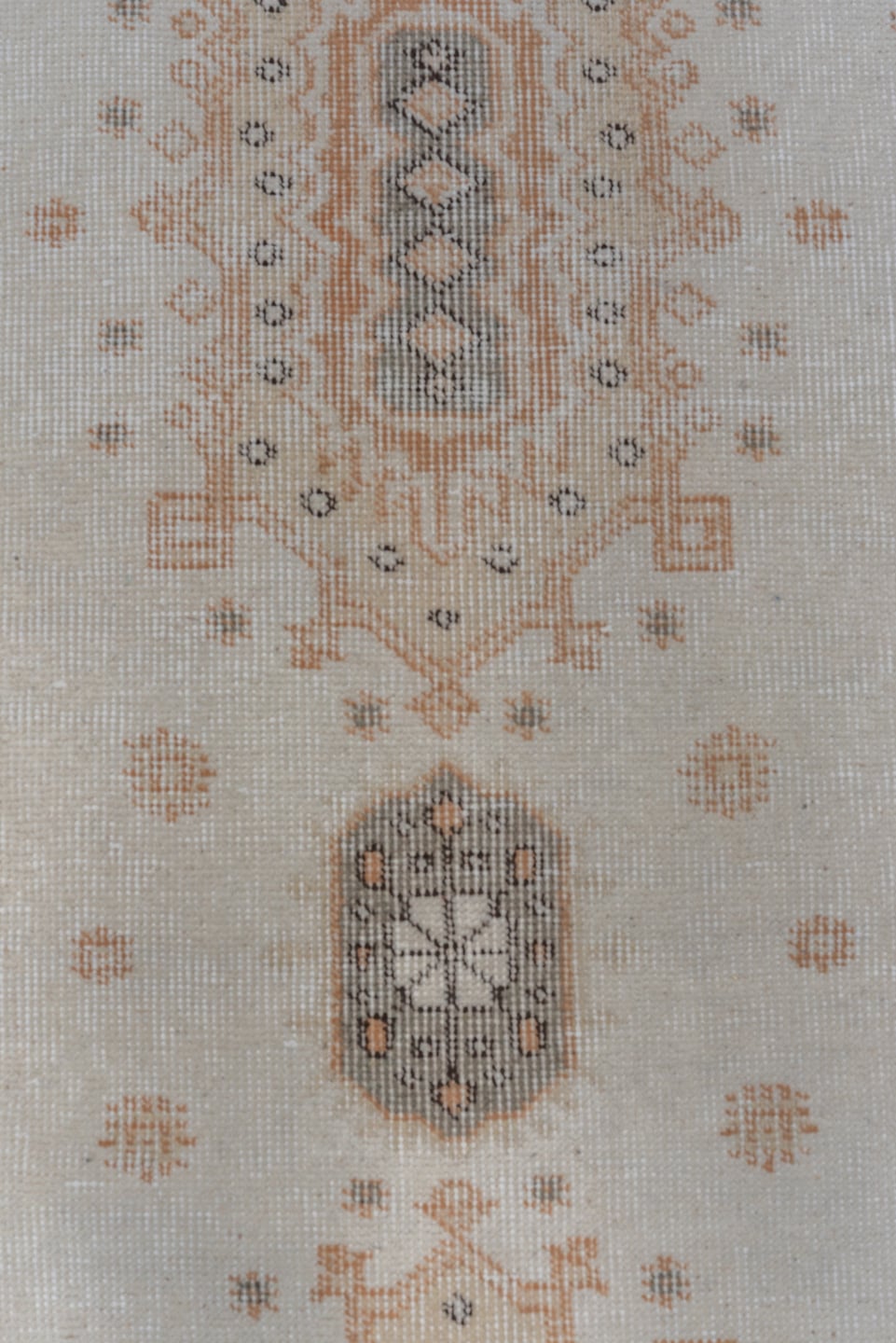 2' x 10' one-of-a-kind handmade vintage Oushak runner rug. Color palette: ivory, taupe, camel, gray, rust, beige, terracotta