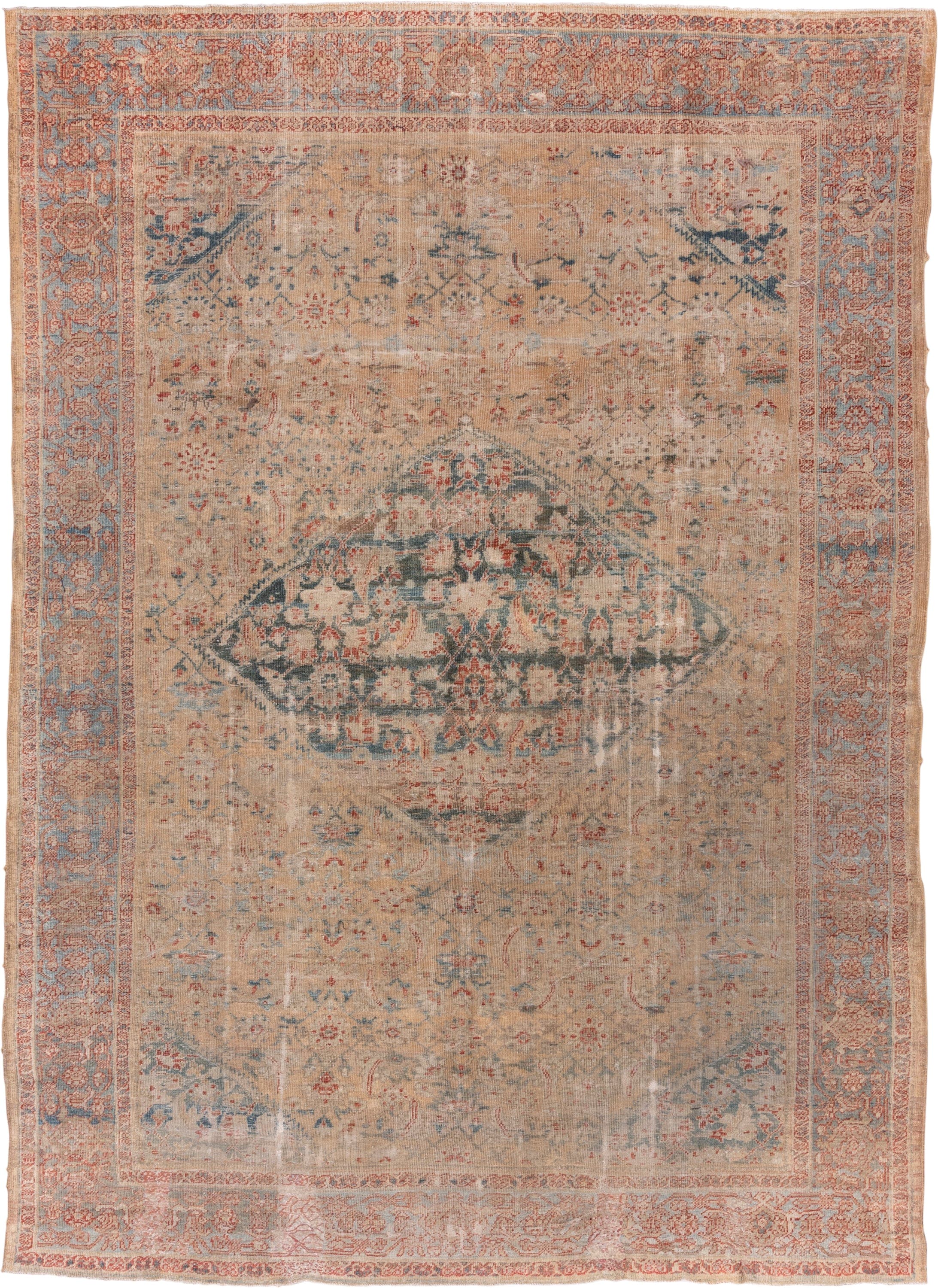 9' x 12' one-of-a-kind handmade vintage Sultanabad large size rug. Color palette: beige, ivory, pale blue, rust, slate