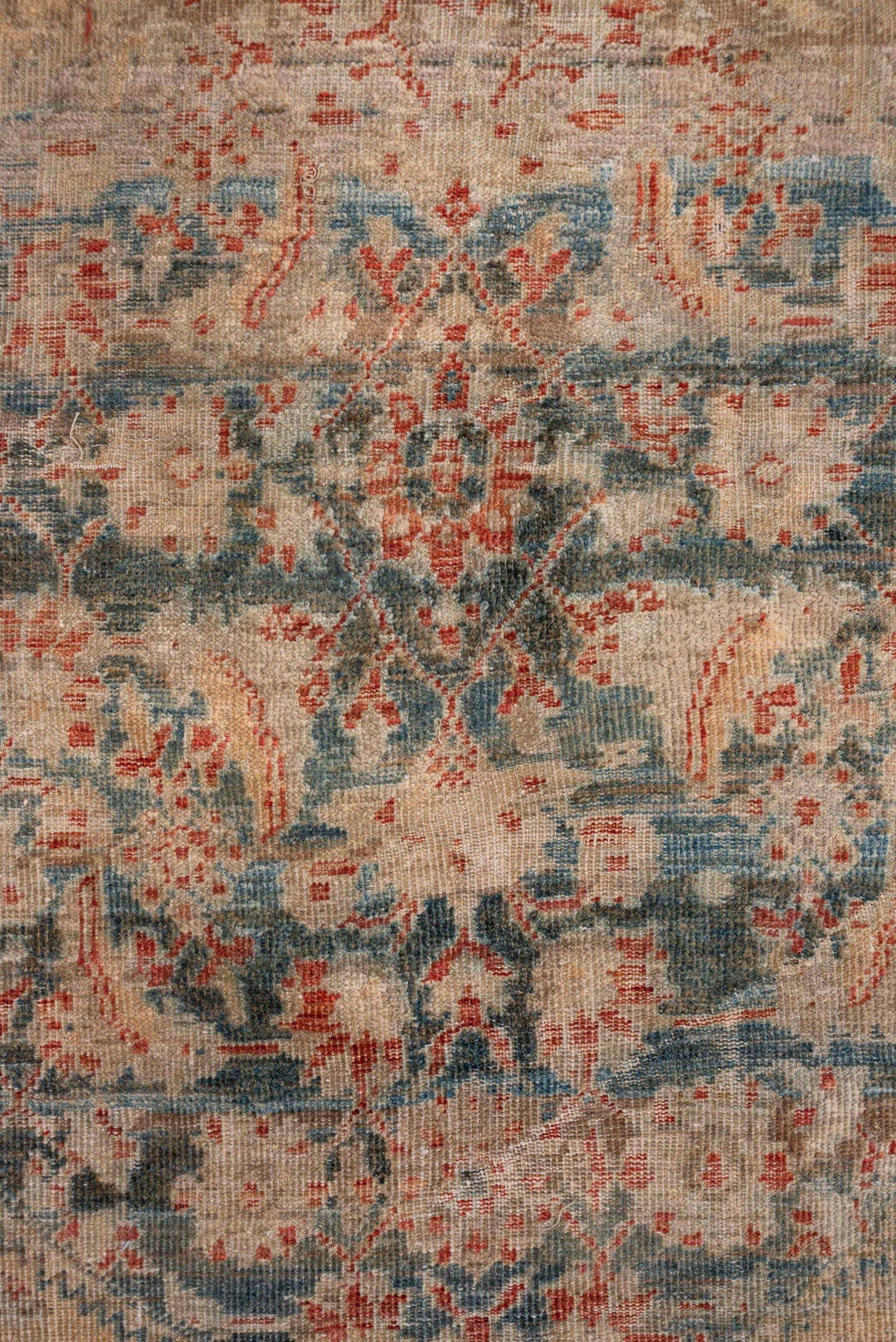 9' x 12' one-of-a-kind handmade vintage Sultanabad large size rug. Color palette: beige, ivory, pale blue, rust, slate