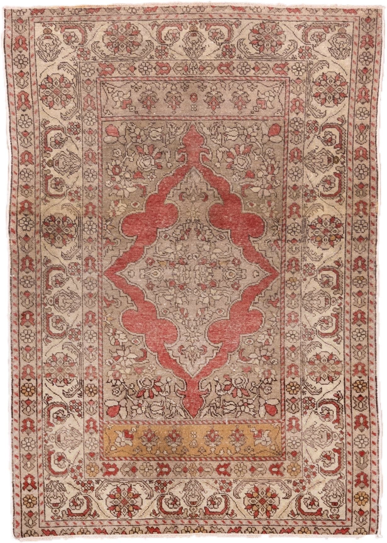 3' x 5' one-of-a-kind handmade vintage Oushak small size rug. Color palette: ivory, taupe, coral, rose, gold, camel, brown