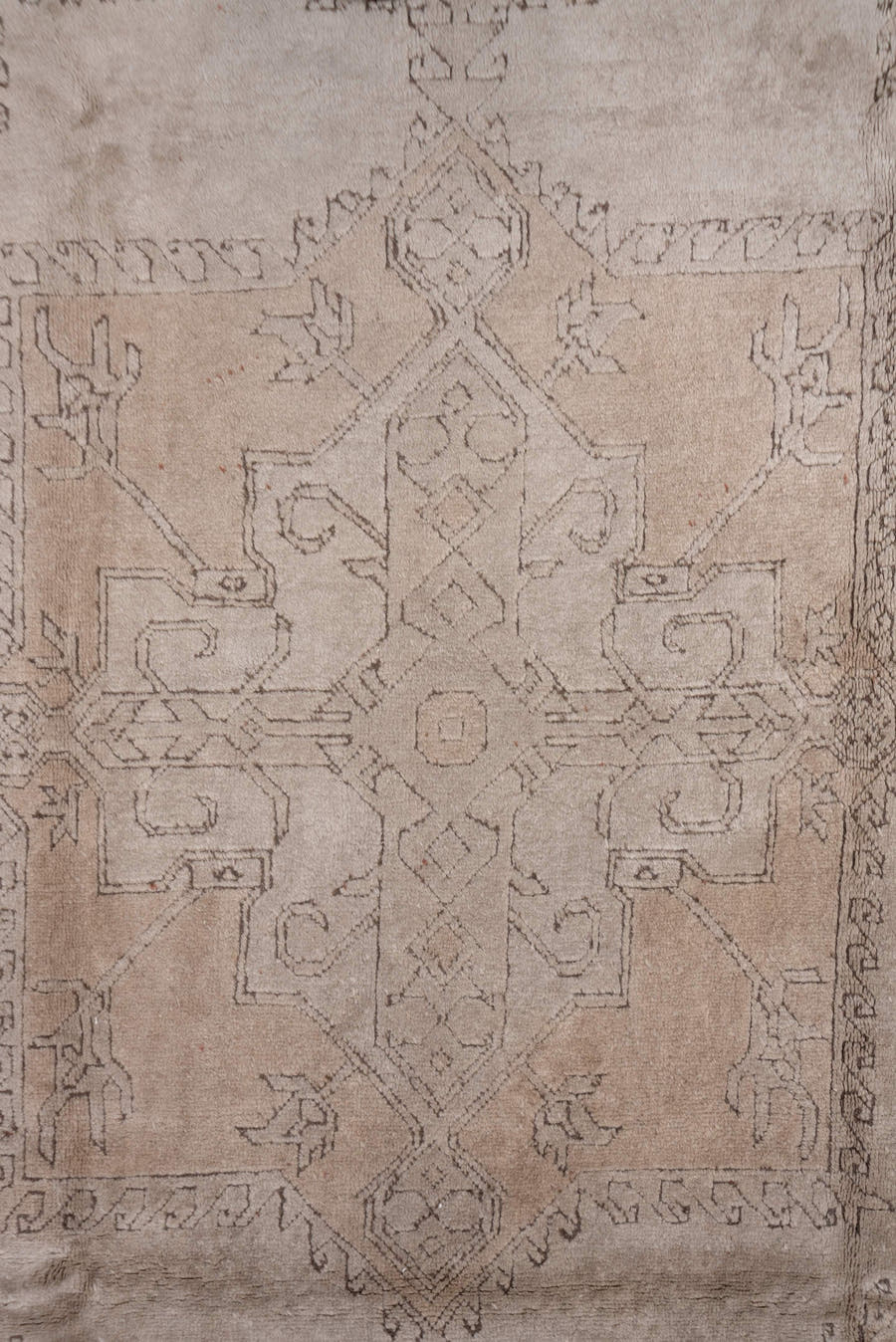7' x 11' one-of-a-kind handmade vintage Oushak large size rug. Color palette: taupe, beige, ivory, camel, brown, gray