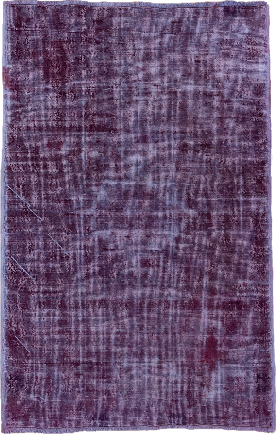 4' x 6' one-of-a-kind handmade vintage Overdyed small size rug. Color palette: violet, plum, lavender, eggplant, pink
