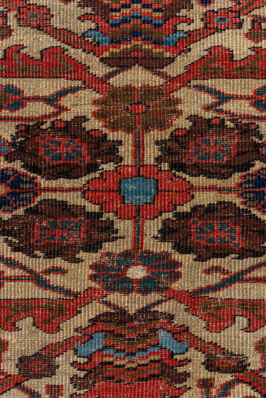 12' x 15' one-of-a-kind handmade antique Sultanabad oversize rug. Color palette: ivory, rust, brick, indigo, sky_blue, camel