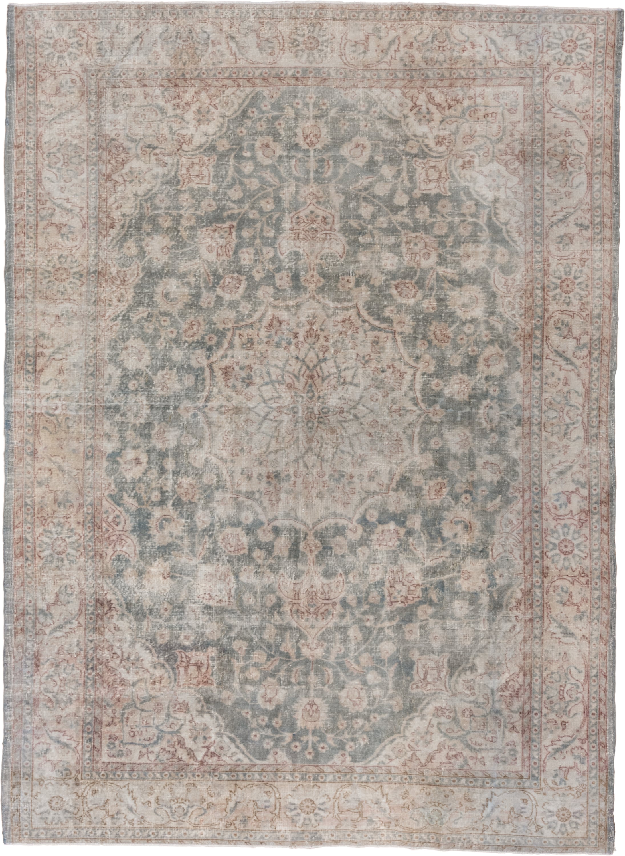 8' x 11' one-of-a-kind handmade vintage Oushak large size rug. Color palette: ivory, blue, taupe, rose, sage, beige, gray