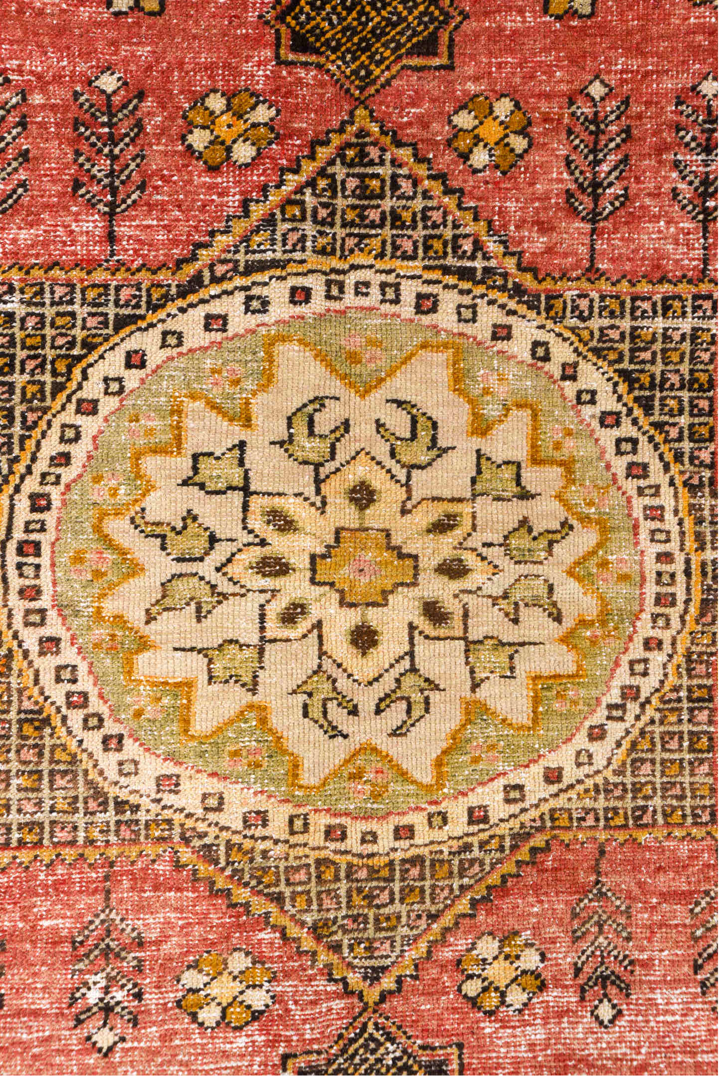 4' x 6' one-of-a-kind handmade vintage Oushak small size rug. Color palette: coral, brown, ivory, charcoal, gold, rose
