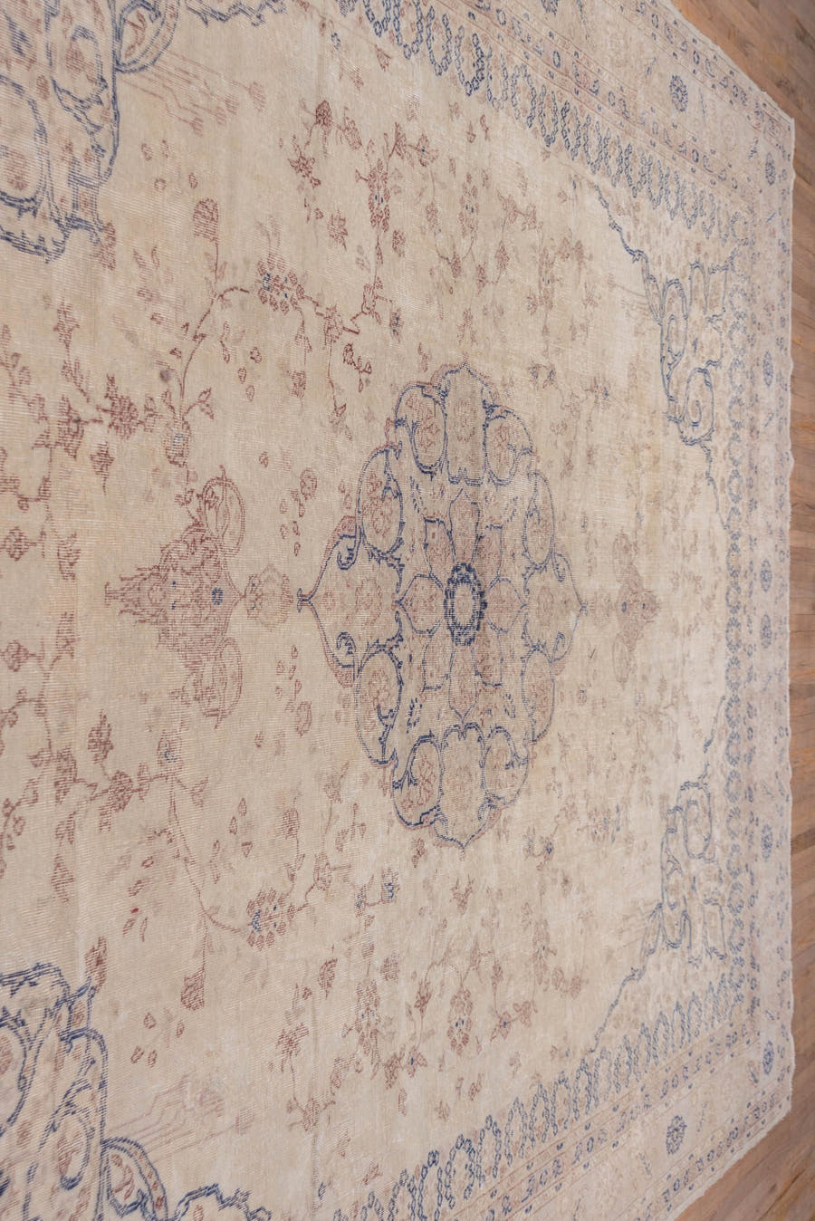 11' x 14' one-of-a-kind handmade antique Oushak oversize rug. Color palette: ivory, beige, pale blue, taupe, sand