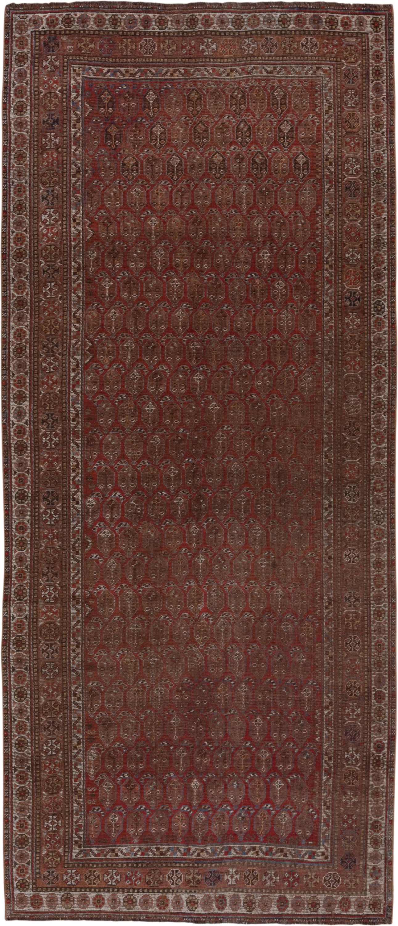 5' x 11' one-of-a-kind handmade vintage Shiraz runner rug. Color palette: rust, brown, ivory, burgundy, taupe, charcoal