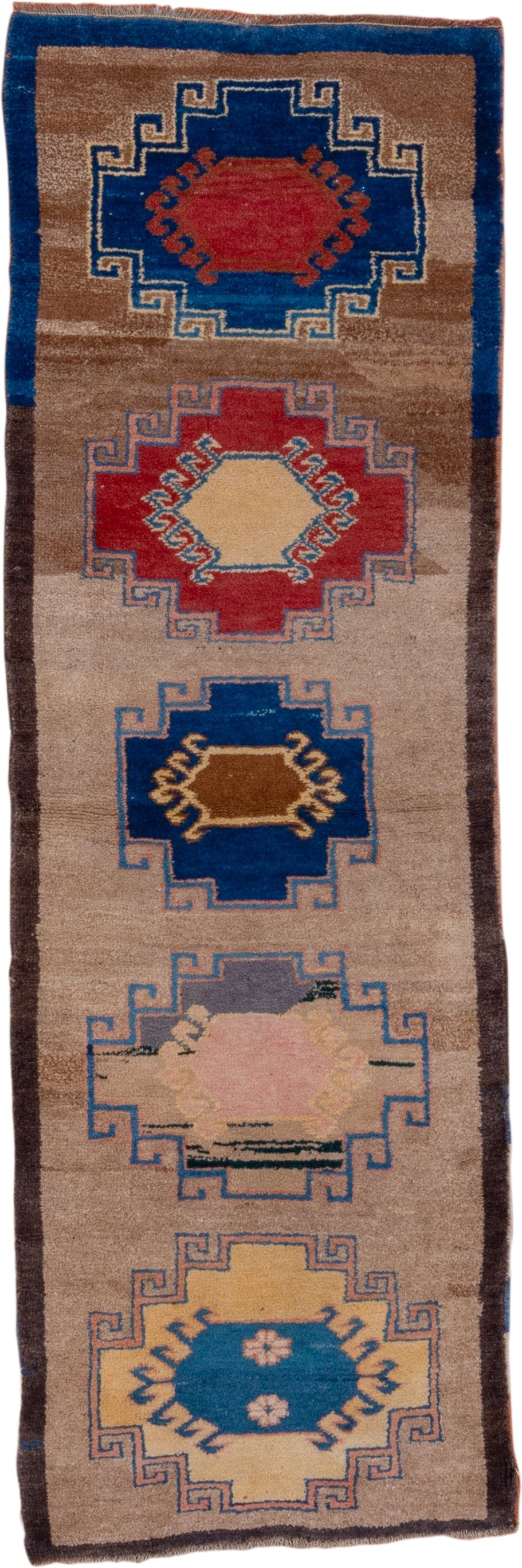 2' x 8' one-of-a-kind handmade antique Gabbe runner rug. Color palette: camel, navy, brown, rust, ivory, blue, blush, taupe