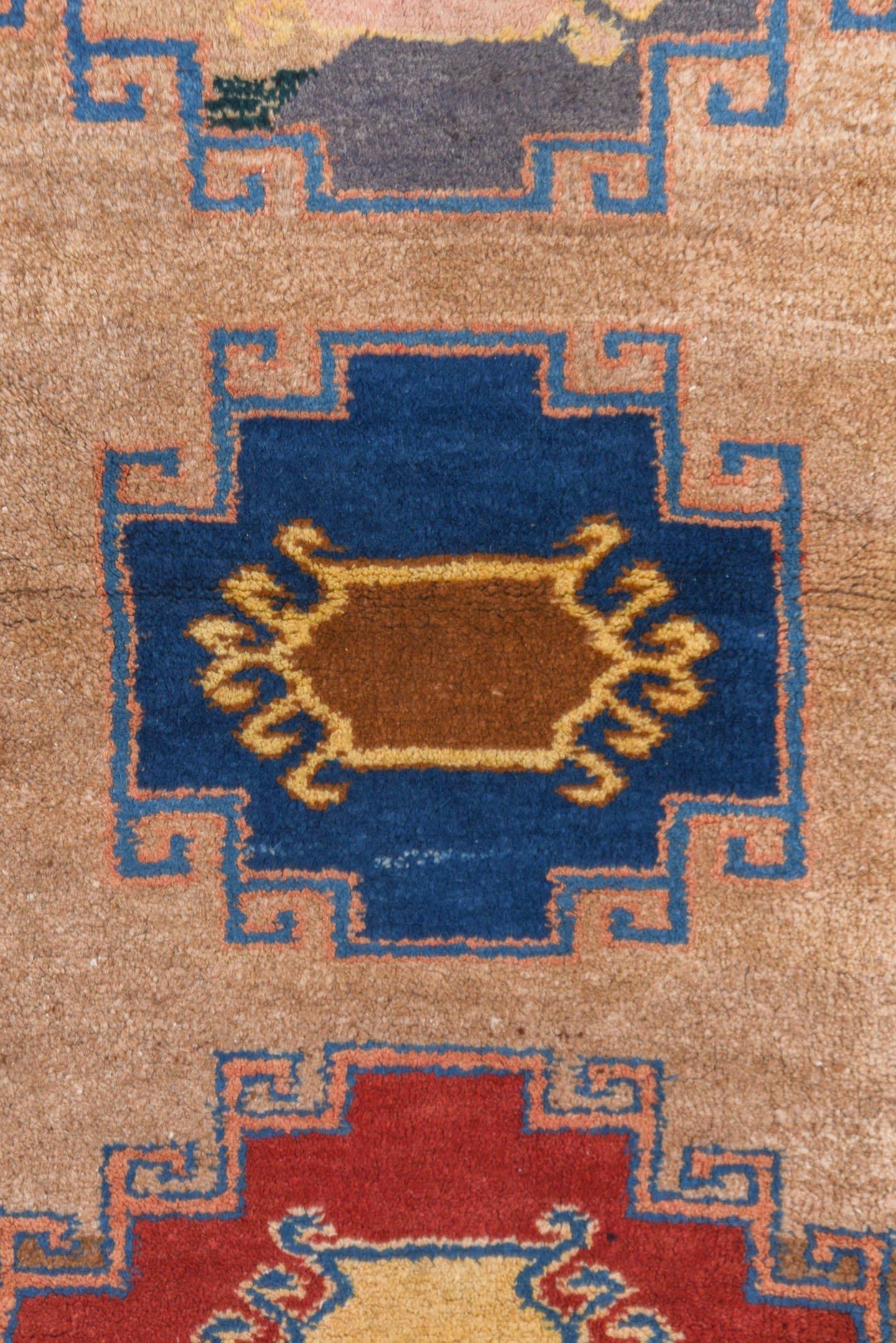 2' x 8' one-of-a-kind handmade antique Gabbe runner rug. Color palette: camel, navy, brown, rust, ivory, blue, blush, taupe