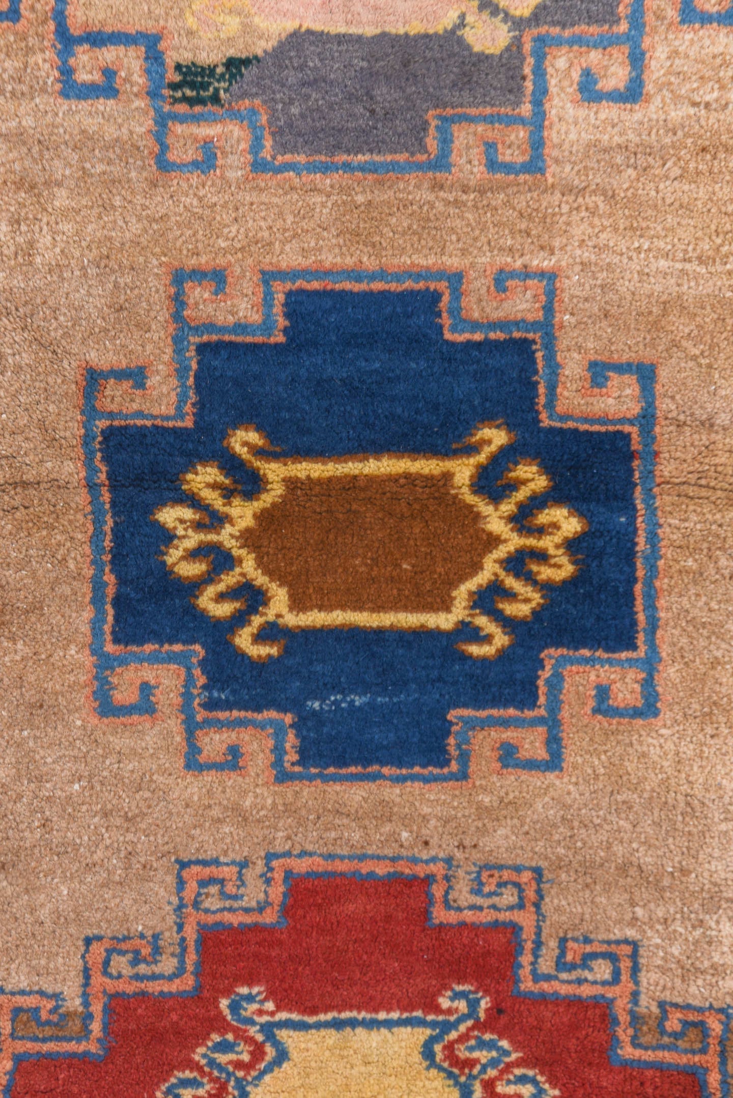 2' x 8' one-of-a-kind handmade antique Gabbe runner rug. Color palette: camel, navy, brown, rust, ivory, blue, blush, taupe