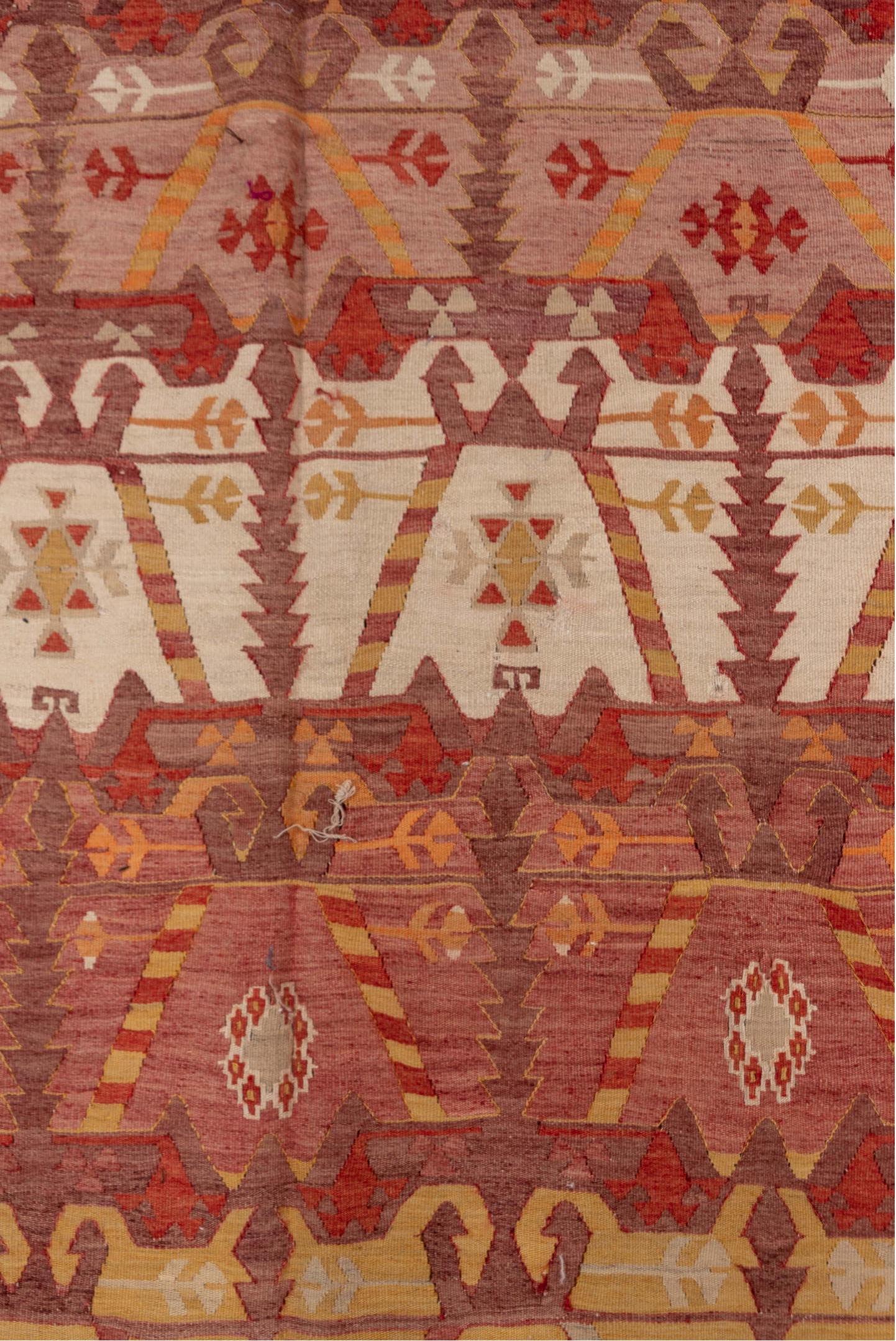 4' x 12' one-of-a-kind handmade vintage Kilim runner rug. Color palette: terra cotta, rust, rose, ivory, gold, sienna, camel