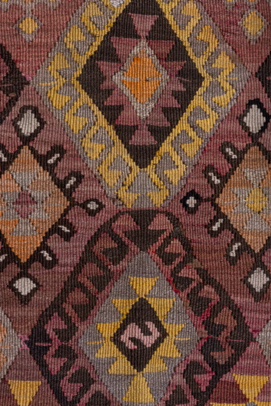 4' x 5' one-of-a-kind handmade vintage Kilim small size rug. Color palette: brown, rose, taupe, charcoal, gold, ivory