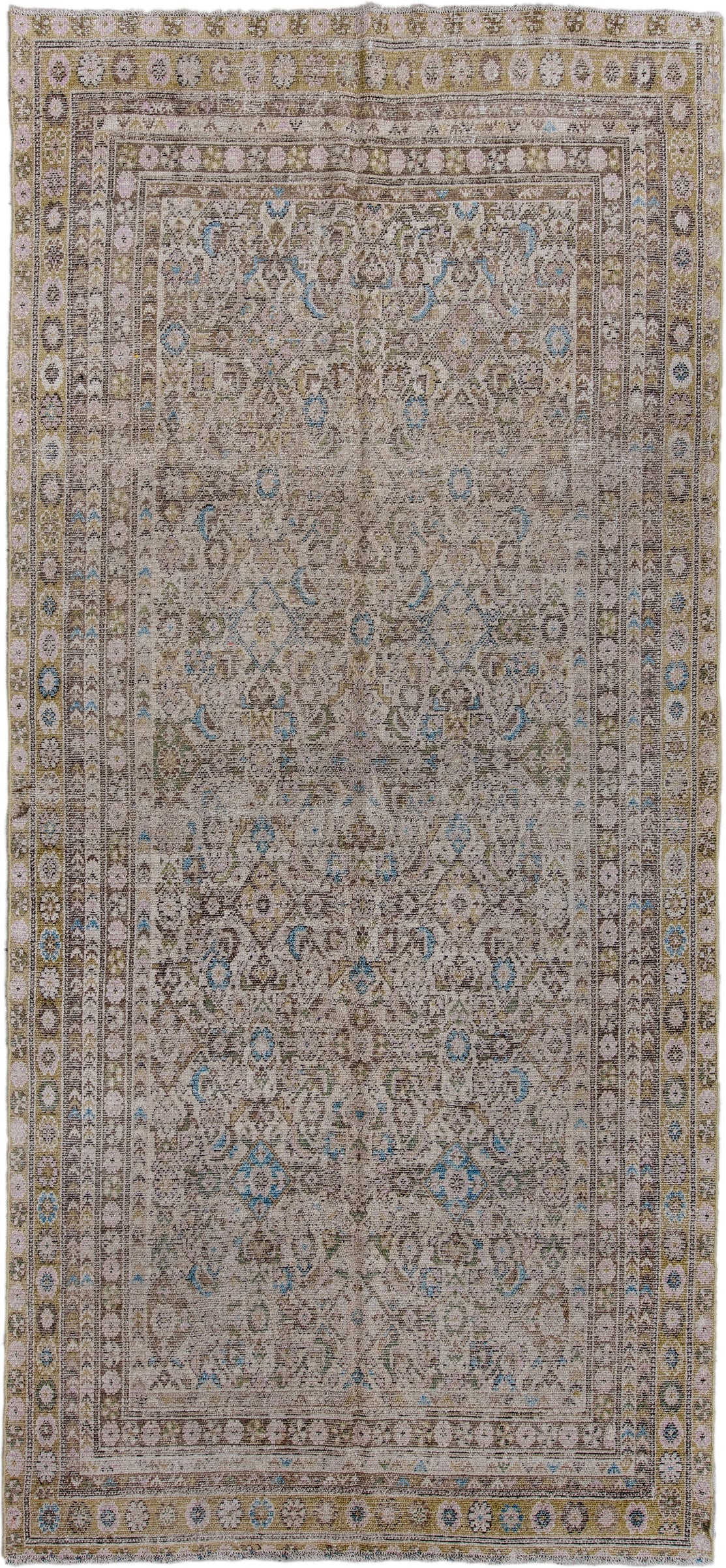5' x 12' one-of-a-kind handmade antique Malayer rug. Color palette: taupe, ivory, olive, pale blue, beige, brown, gray