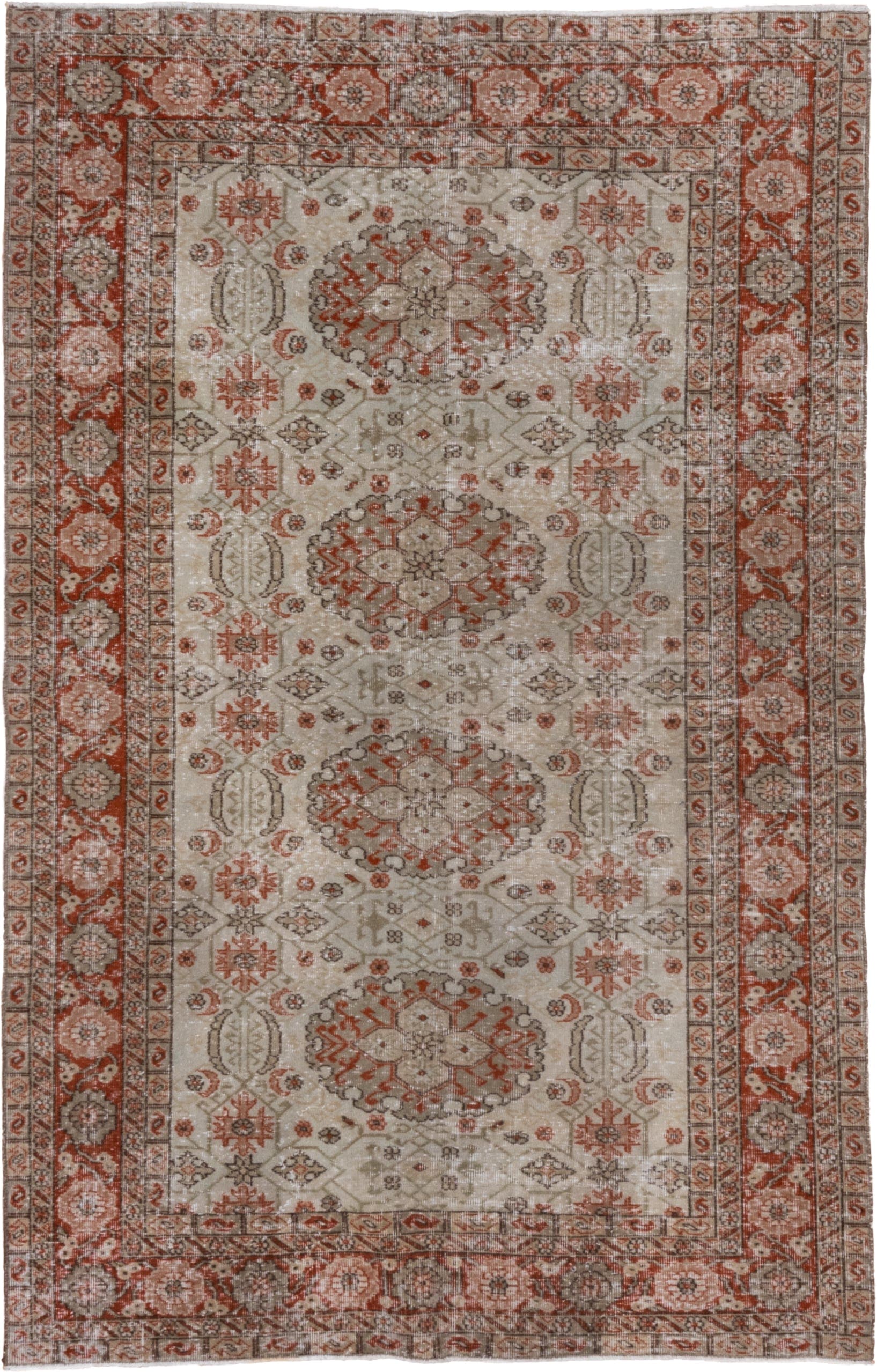 5' x 7' one-of-a-kind handmade vintage Oushak rug. Color palette: ivory, rust, taupe, terra cotta, beige, sage, brown