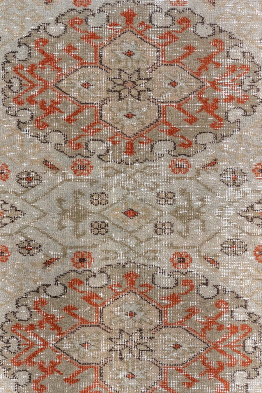 5' x 7' one-of-a-kind handmade vintage Oushak rug. Color palette: ivory, rust, taupe, terra cotta, beige, sage, brown