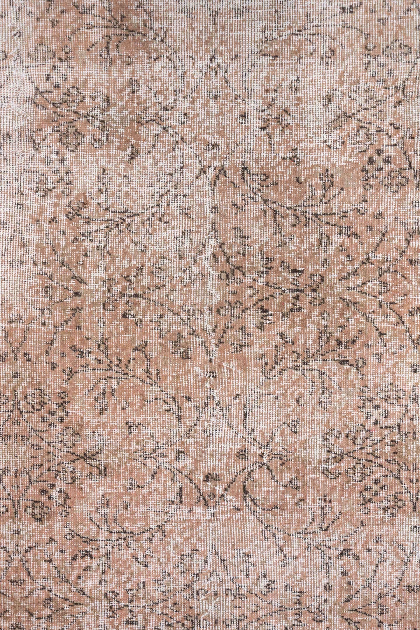 7' x 10' one-of-a-kind handmade vintage Kaisary large size rug. Color palette: blush, taupe, ivory, rose, camel, charcoal