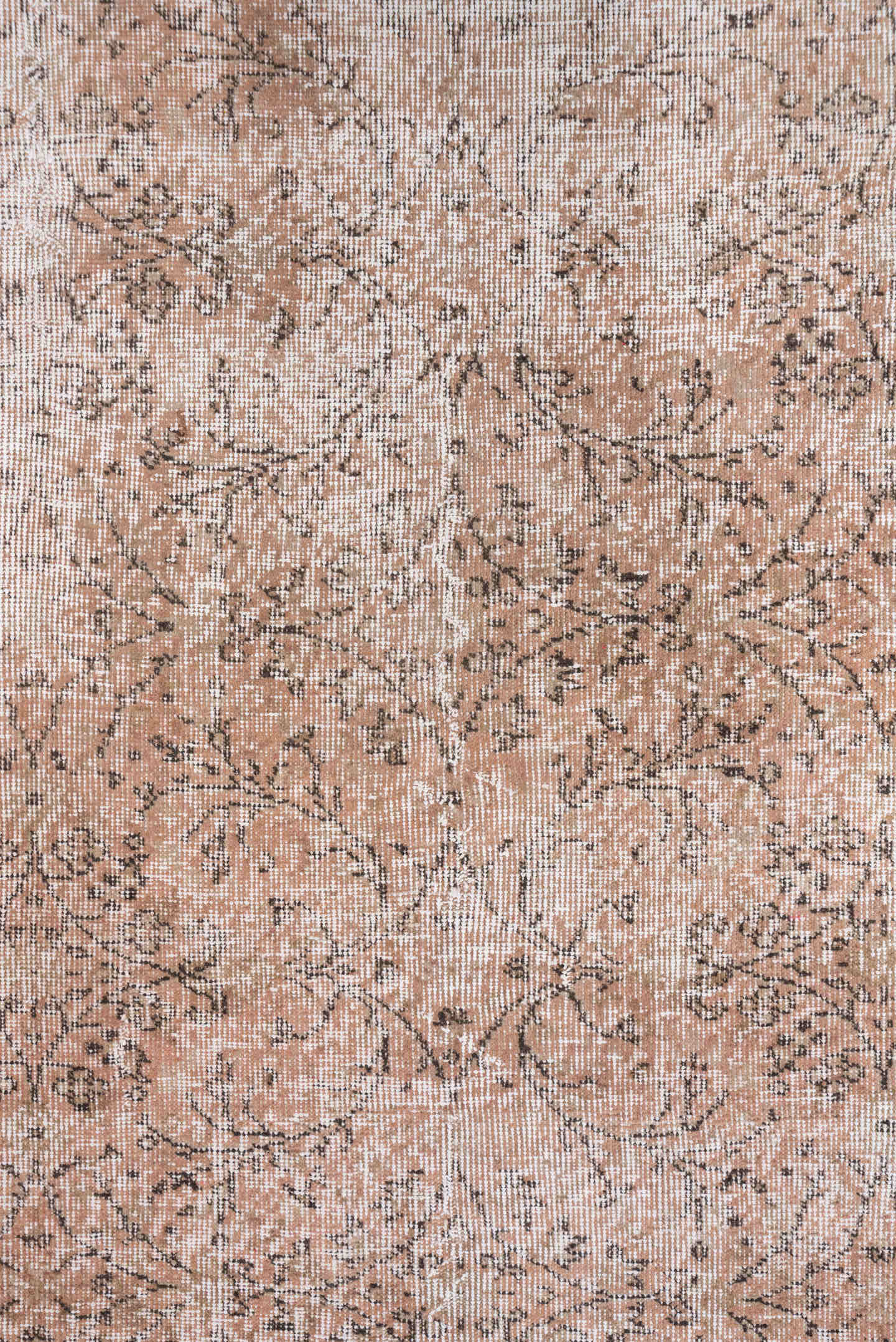 7' x 10' one-of-a-kind handmade vintage Kaisary large size rug. Color palette: blush, taupe, ivory, rose, camel, charcoal