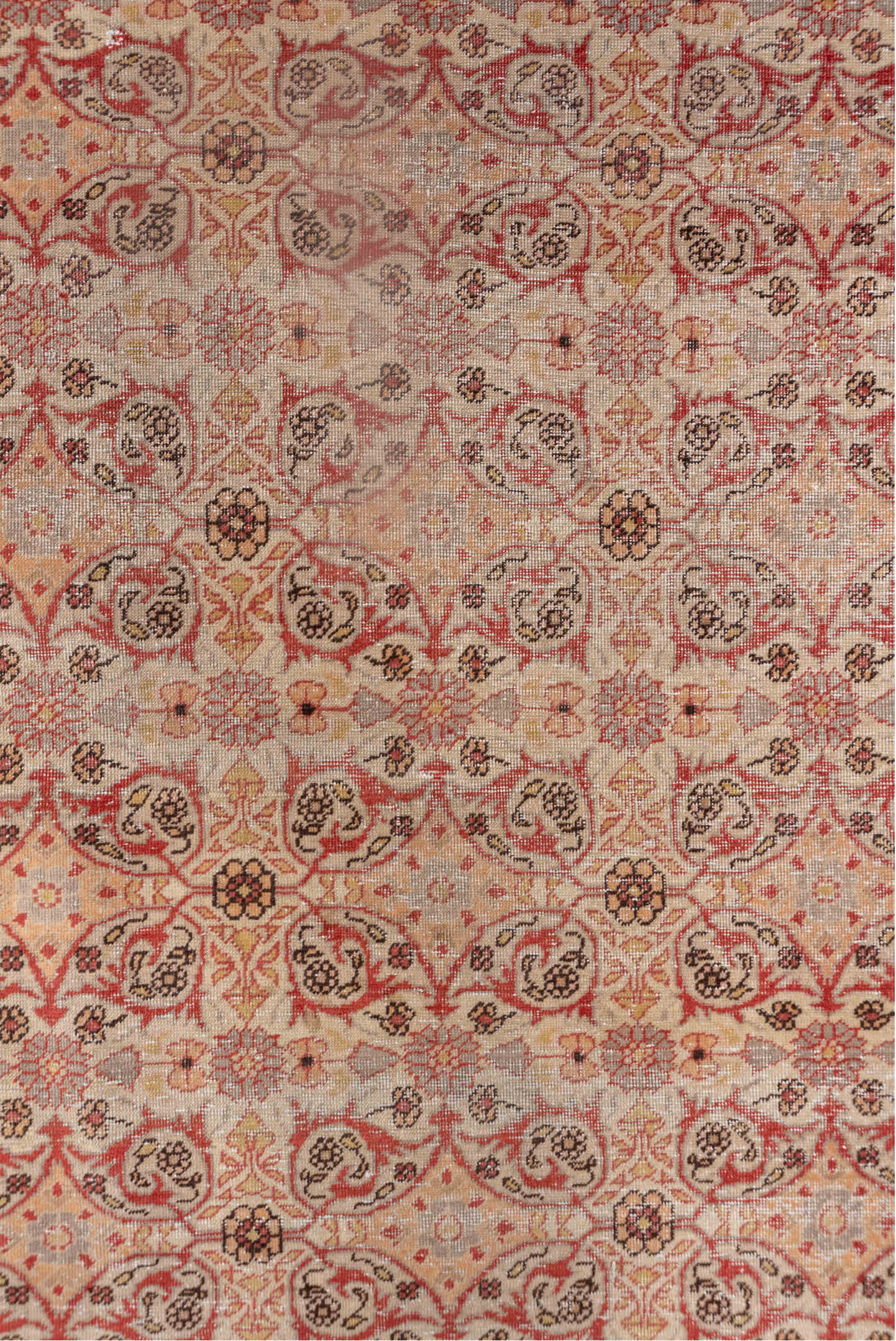 4' x 5' one-of-a-kind handmade vintage Oushak small size rug. Color palette: ivory, blush, coral, taupe, sage, camel, pink