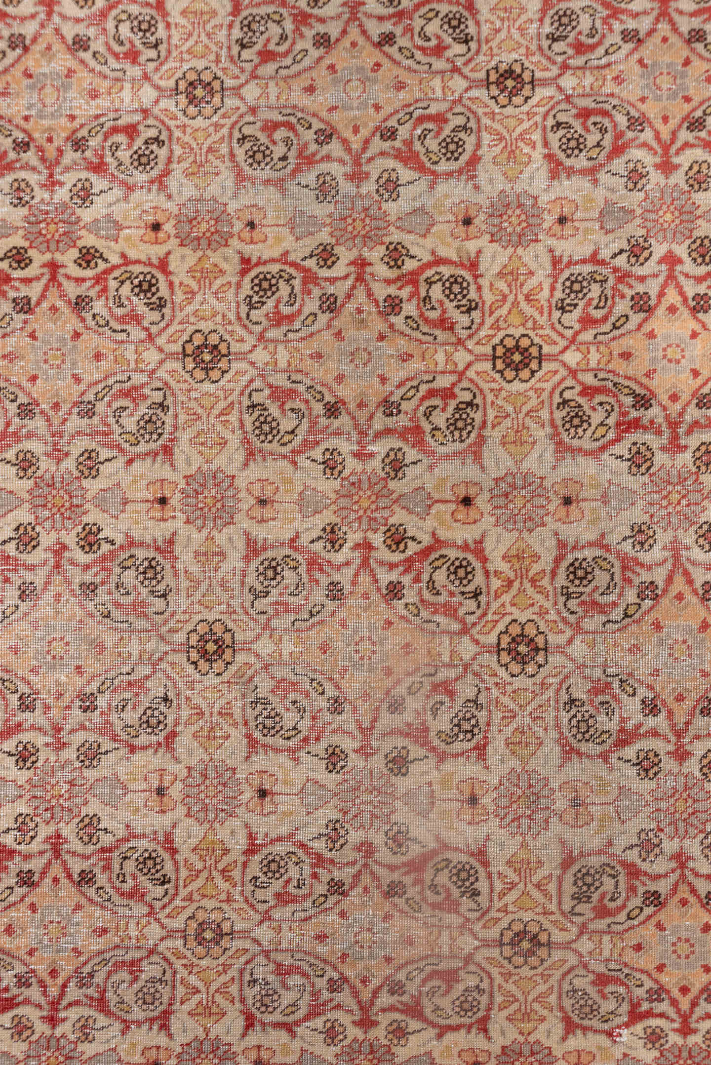 4' x 5' one-of-a-kind handmade vintage Oushak small size rug. Color palette: ivory, blush, coral, taupe, sage, camel, pink