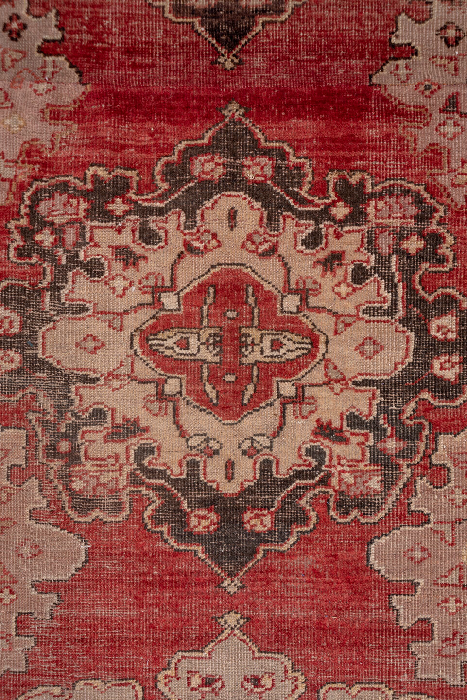 5' x 24' one-of-a-kind handmade antique Oushak rug. Color palette: rose, ivory, charcoal, terra cotta, taupe, burgundy, pink