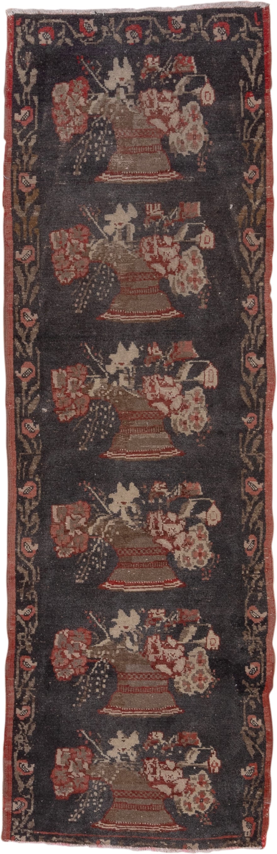2' x 8' one-of-a-kind handmade vintage Oushak runner rug. Color palette: charcoal, rust, ivory, rose, taupe, burgundy, olive